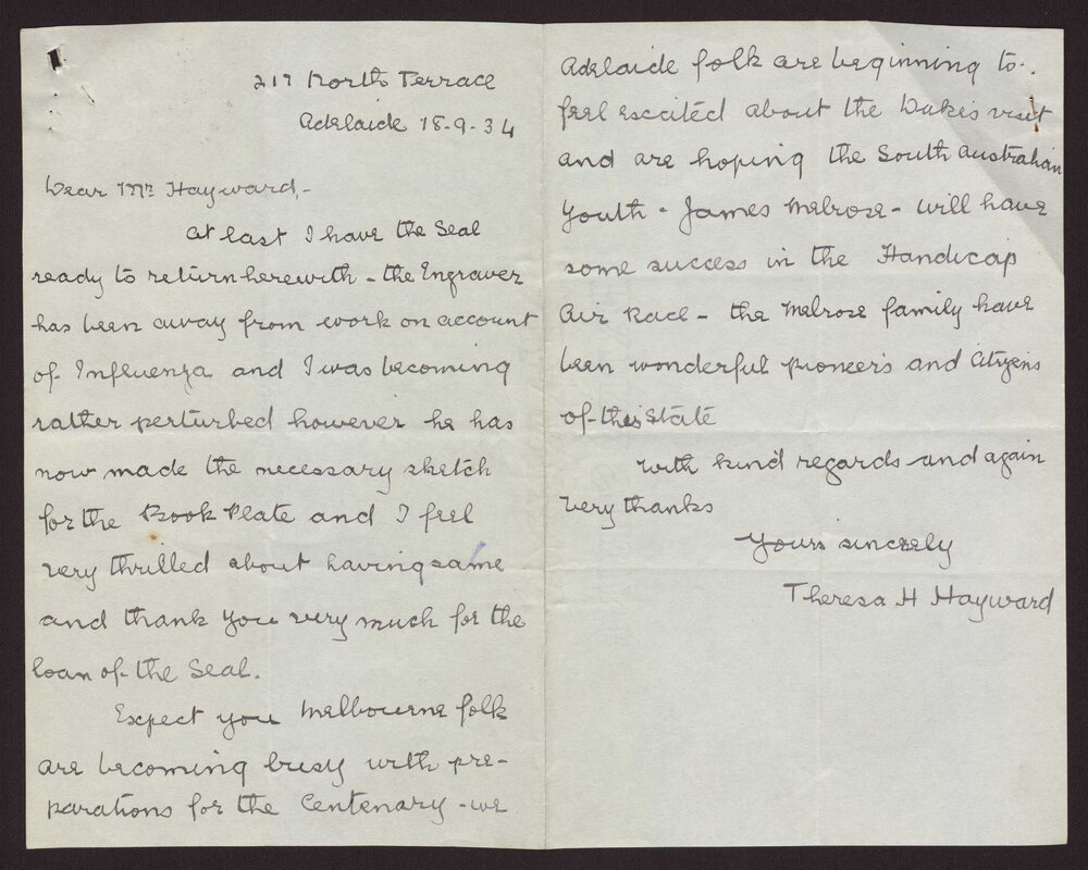 Letter Theresa H Hayward to Mr Hayward