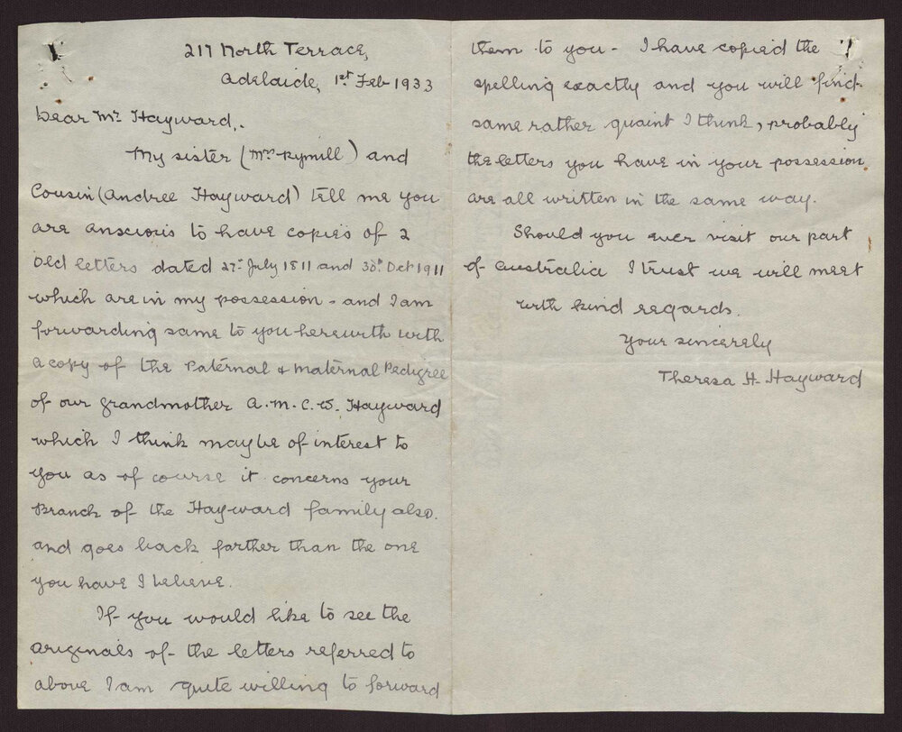 Letter Theresa H Hayward, Adelaide to Mr Hayward