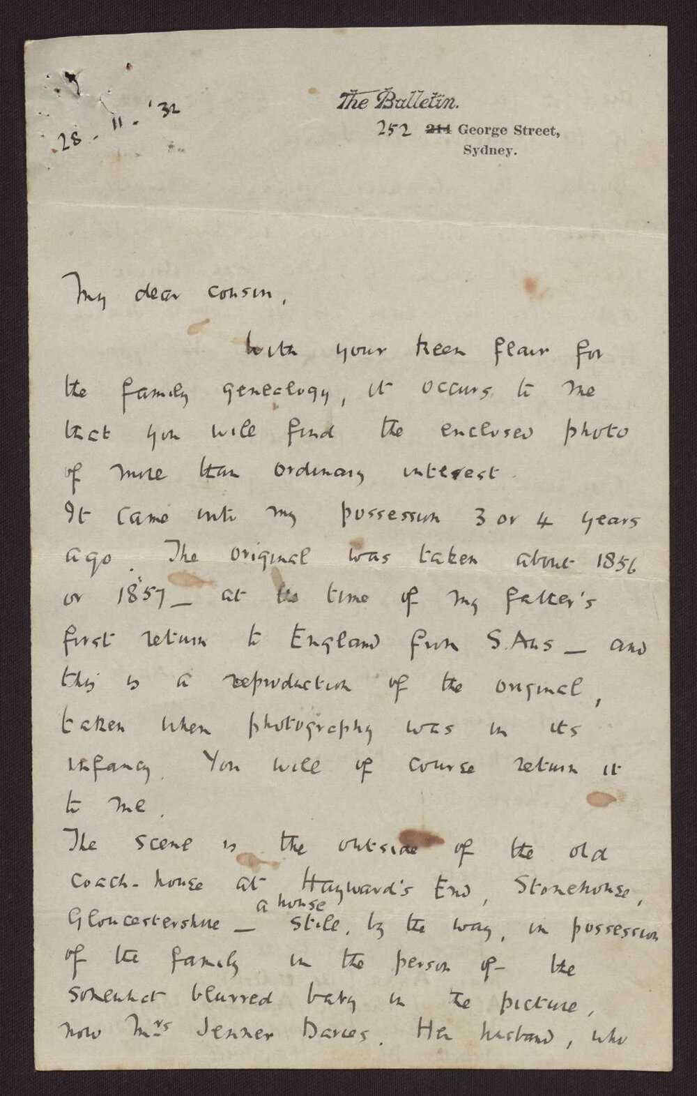 Letter C W Andree Hayward to Cousin