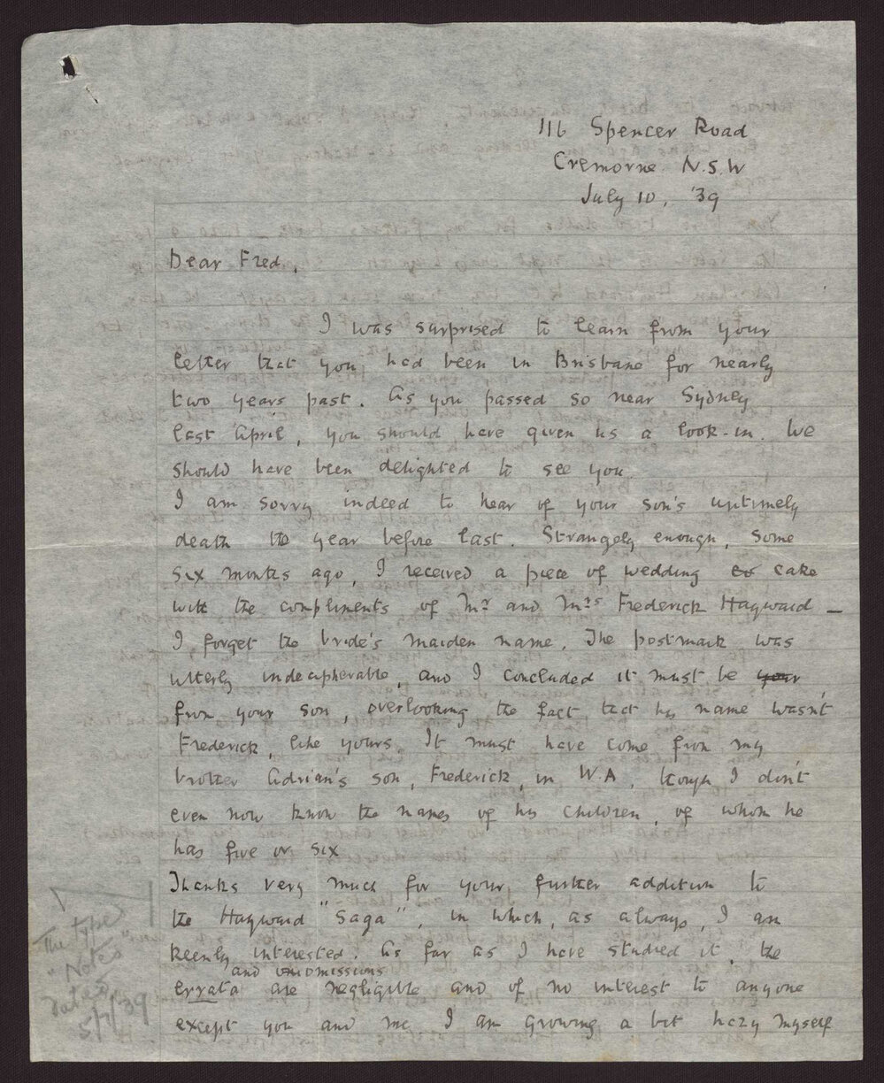 Letter C W Andree Hayward to Fred