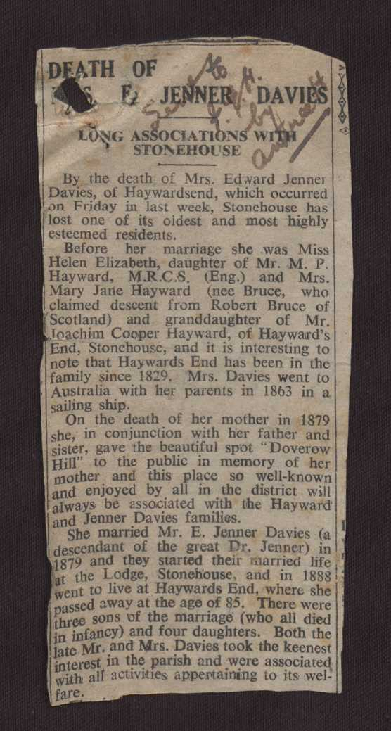 Newspaper cutting death of Mrs Edward Jenner Davies.