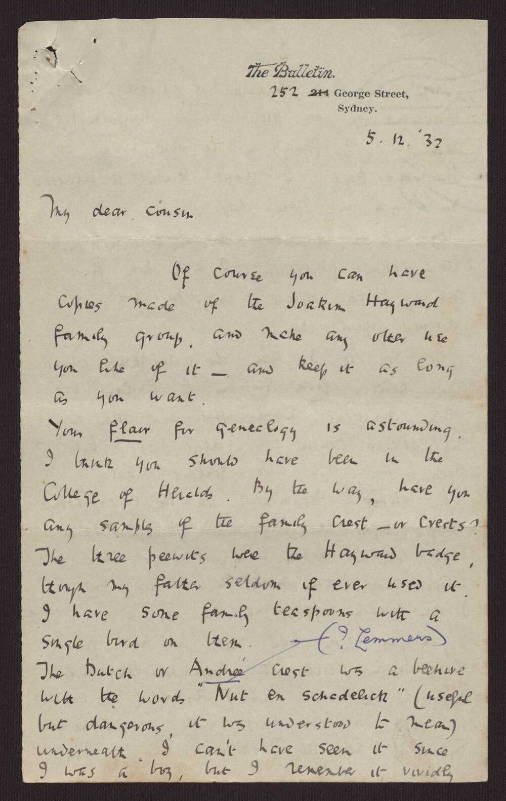 Letter C W Andree Hayward to Cousin