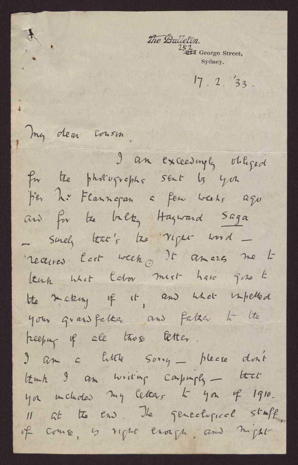 Letter C W Andree Hayward to Cousin