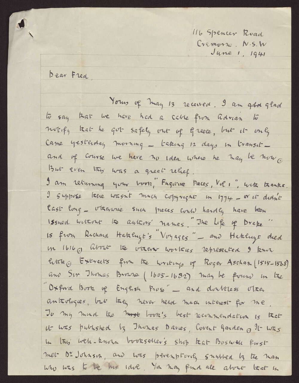 Letter C W Andree Hayward to Fred