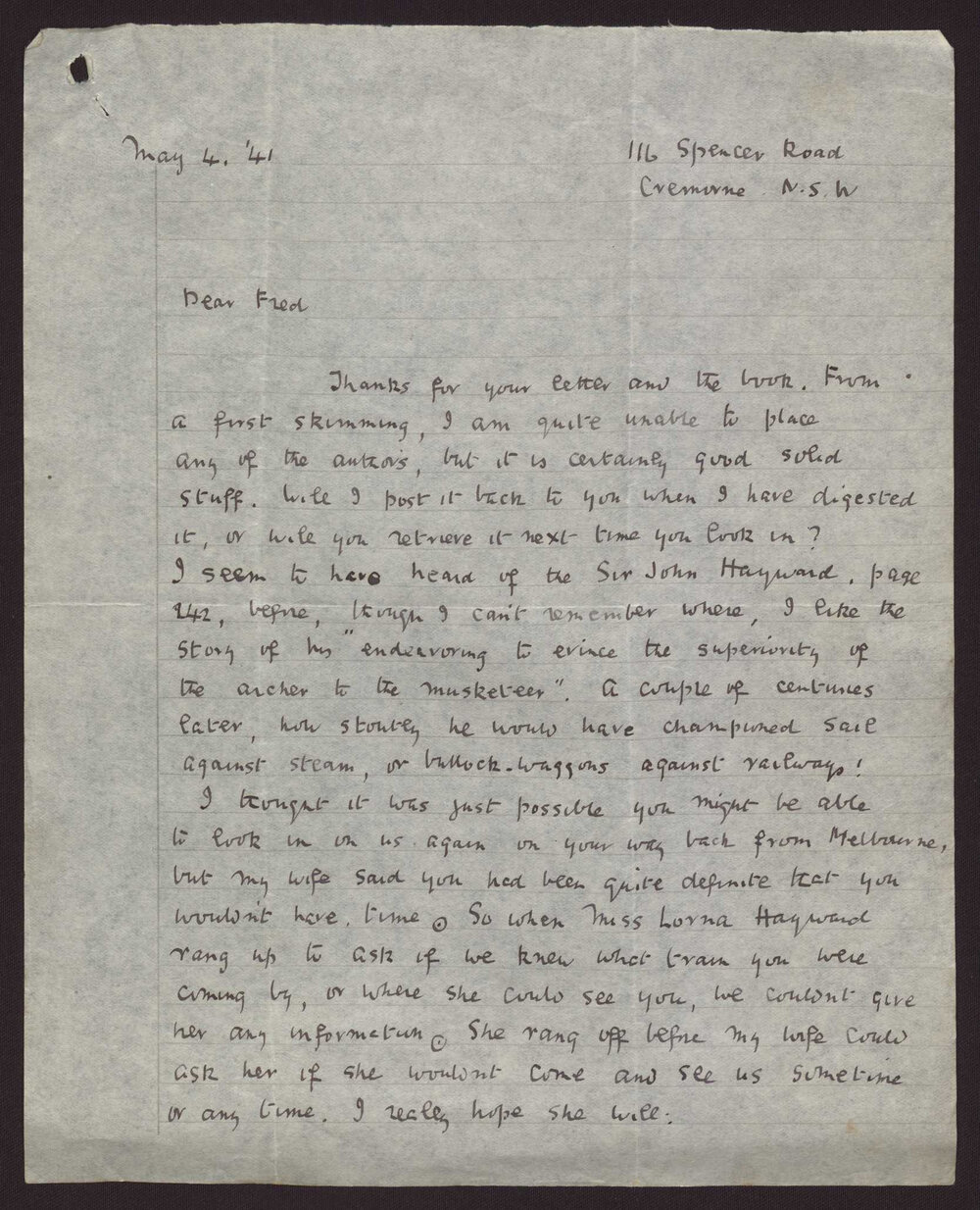 Letter C W Andree Hayward to Fred