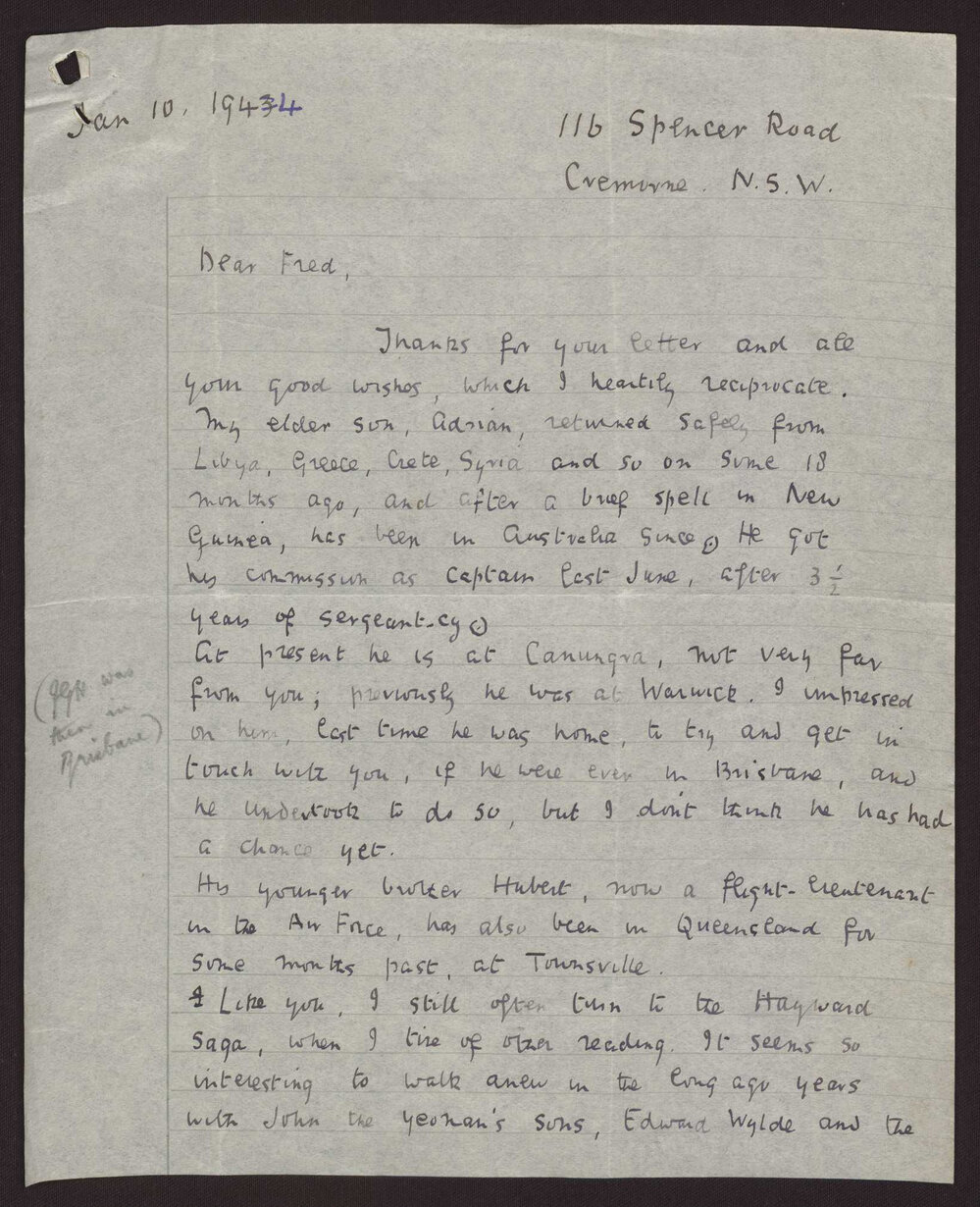 Letter C W Andree Hayward to Fred