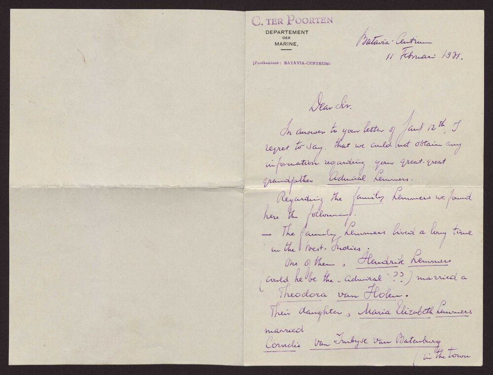 Letter Department of Marine, Batavia to F G Hayward