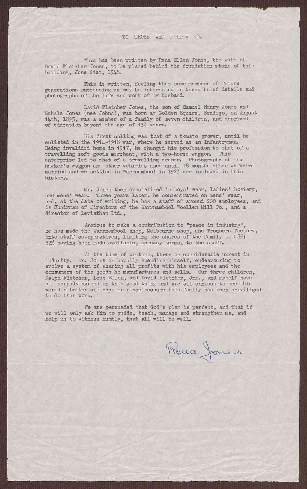 Statement "to those who follow on" placed behind foundation stone 1948