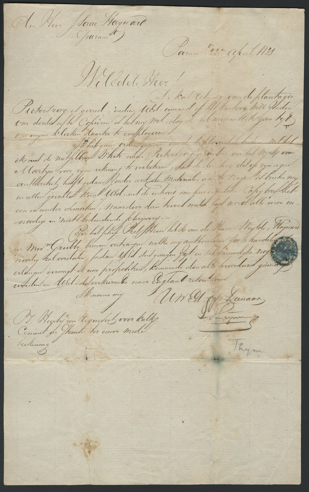 Letter to Isaac Hayward (jnr) from  Mr L Thym