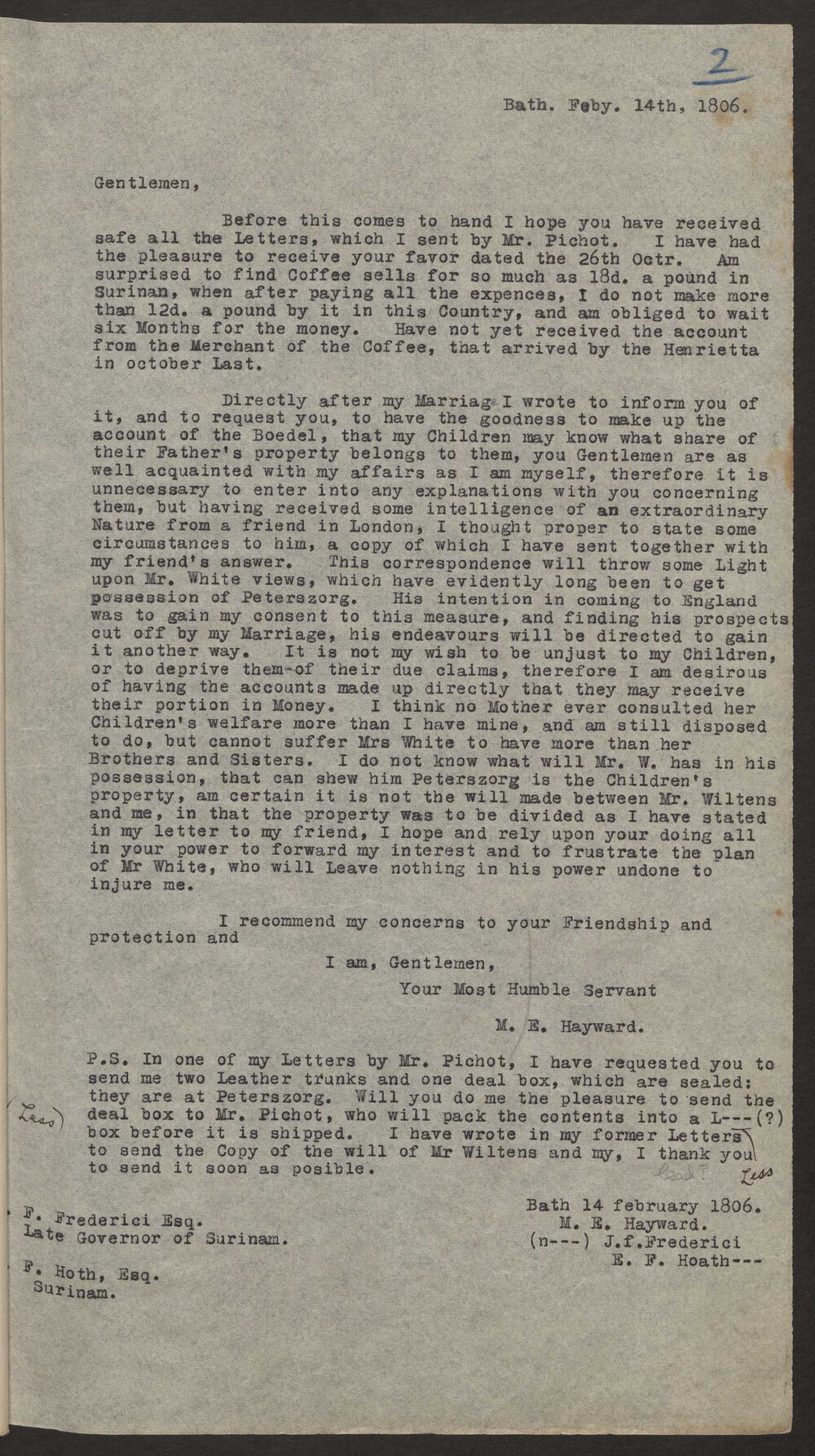Transcript of letter M E Hayward, Bath, England to JF Frederici and EJ Hoth, Surinam (Copy)