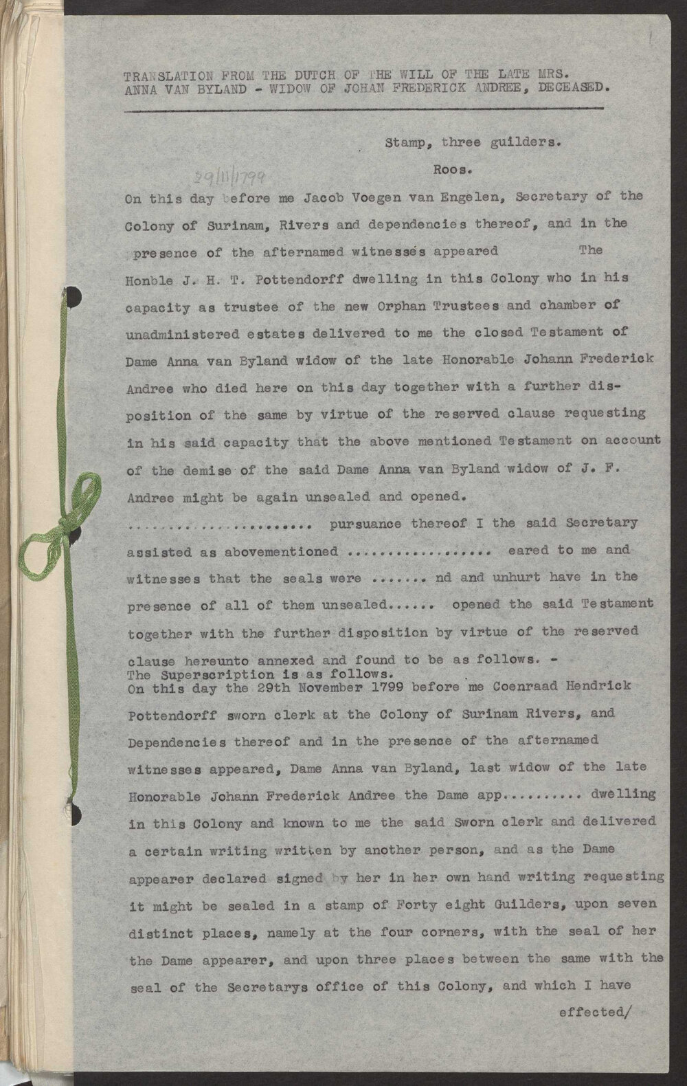 Transcript of will of Dame Anna Van Byland, Surinam