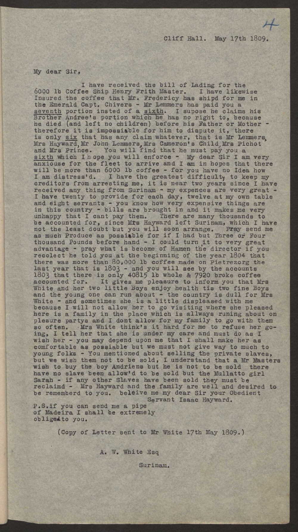 Transcript of letter Isaac Hayward, England to A W White, Surinam (Copy)
