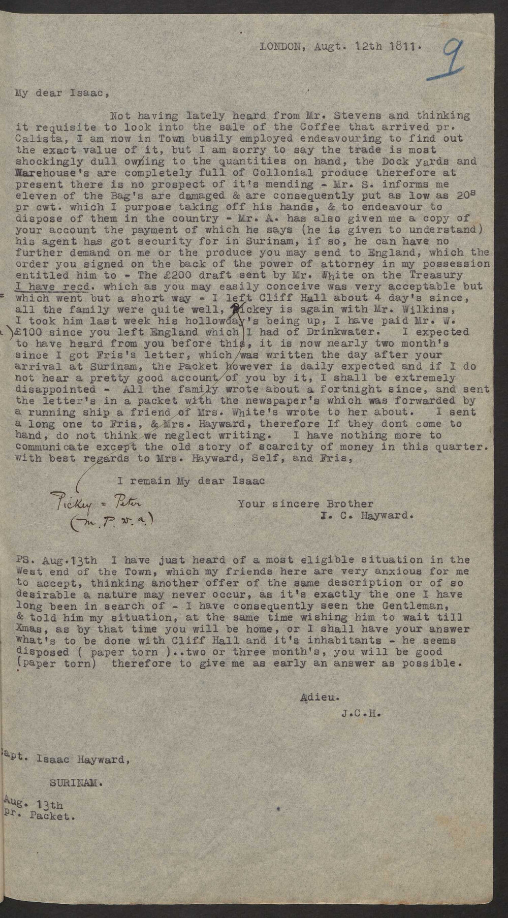 Transcript of letter J C Hayward, England to Isaac Hayward, Surinam, 12 August 1811