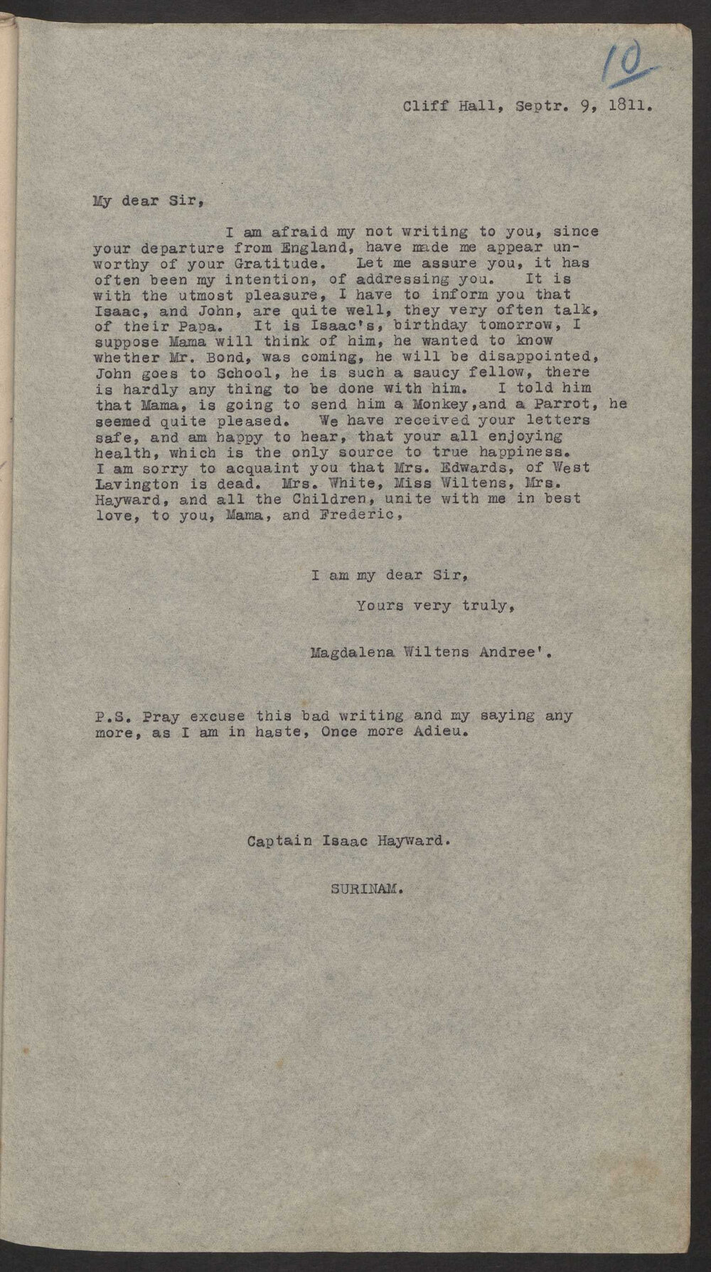 Transcript of magdalena W Andree, England to Isaac Hayward, Surinam