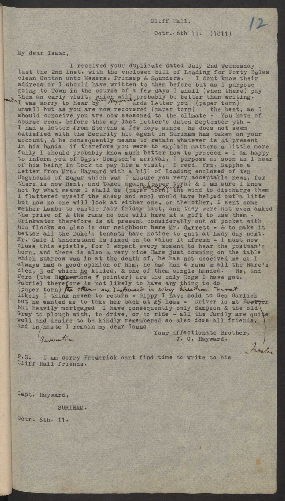 Transcript of letter J C Hayward, England to Isaac Hayward, Surinam, 6 October 1811