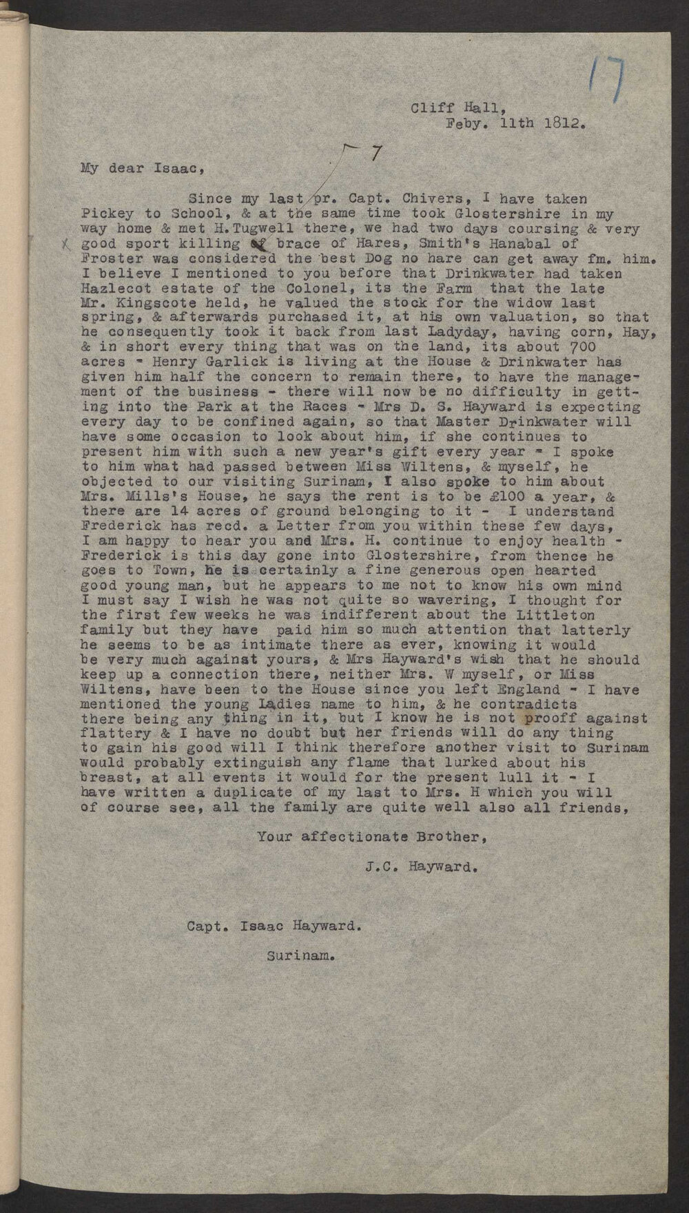 Transcript of letter J C Hayward, England to Isaac Hayward, Surinam, 11 February 1812