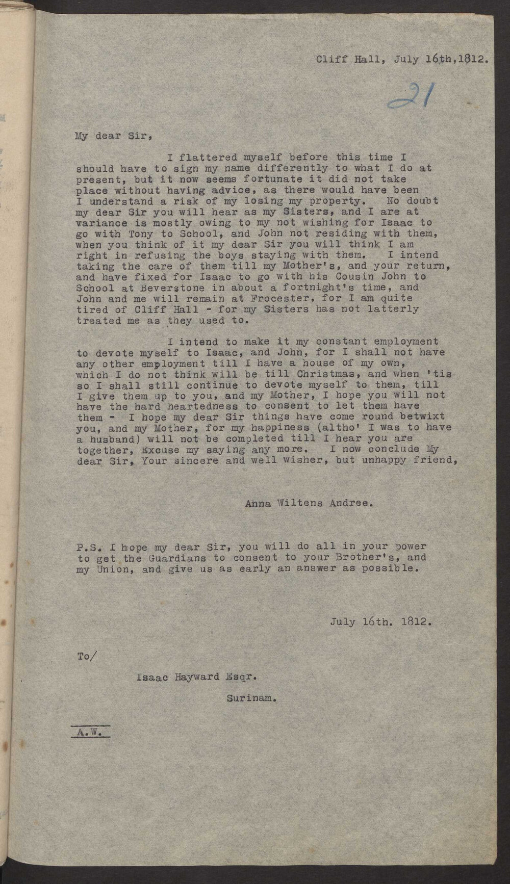 Transcript of letter Anna Wiltens Andree. England to Isaac Hayward, Surinam