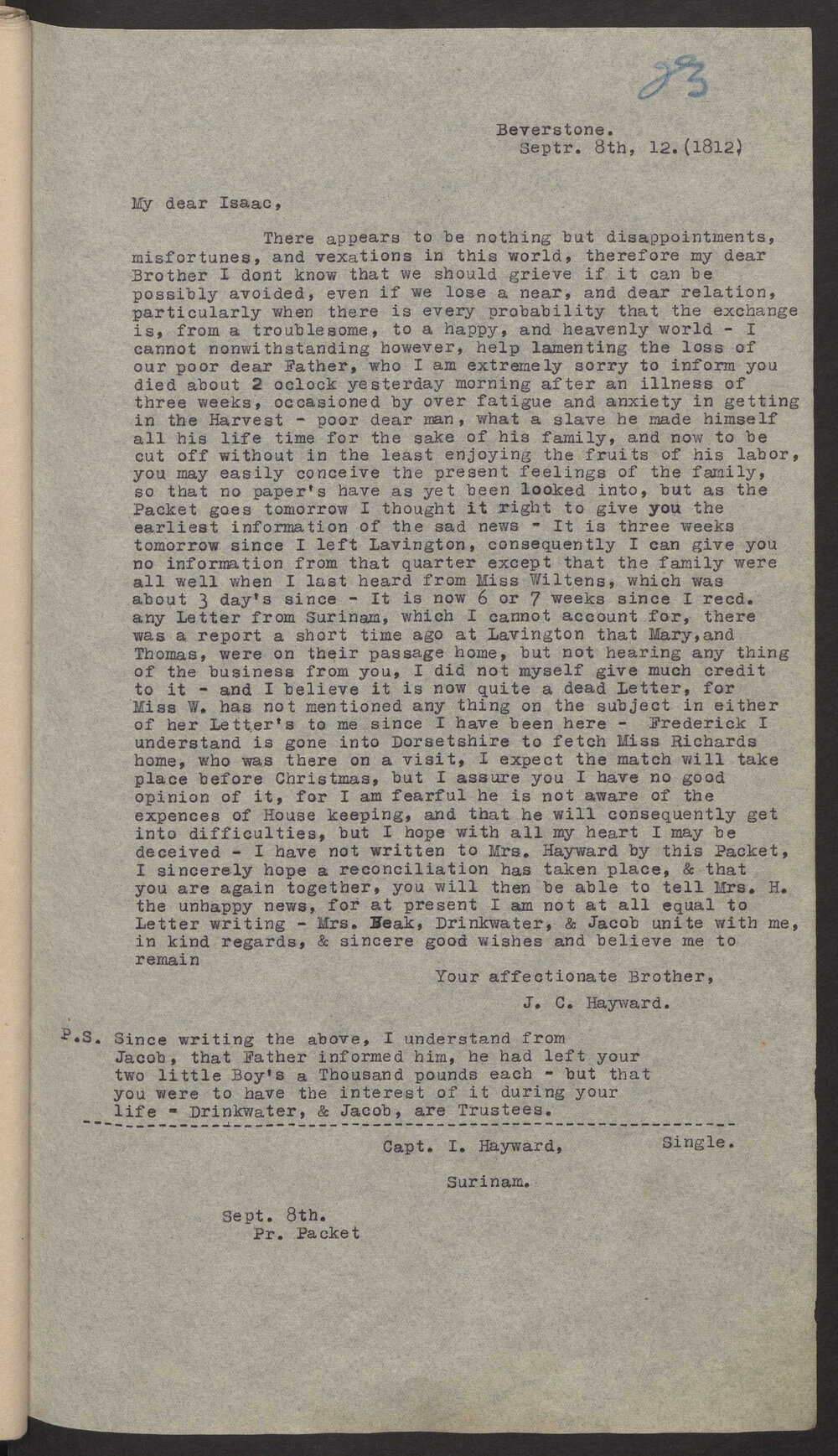 Transcript of letter J C Hayward, England to Isaac Hayward, Surinam, 8 September 1812