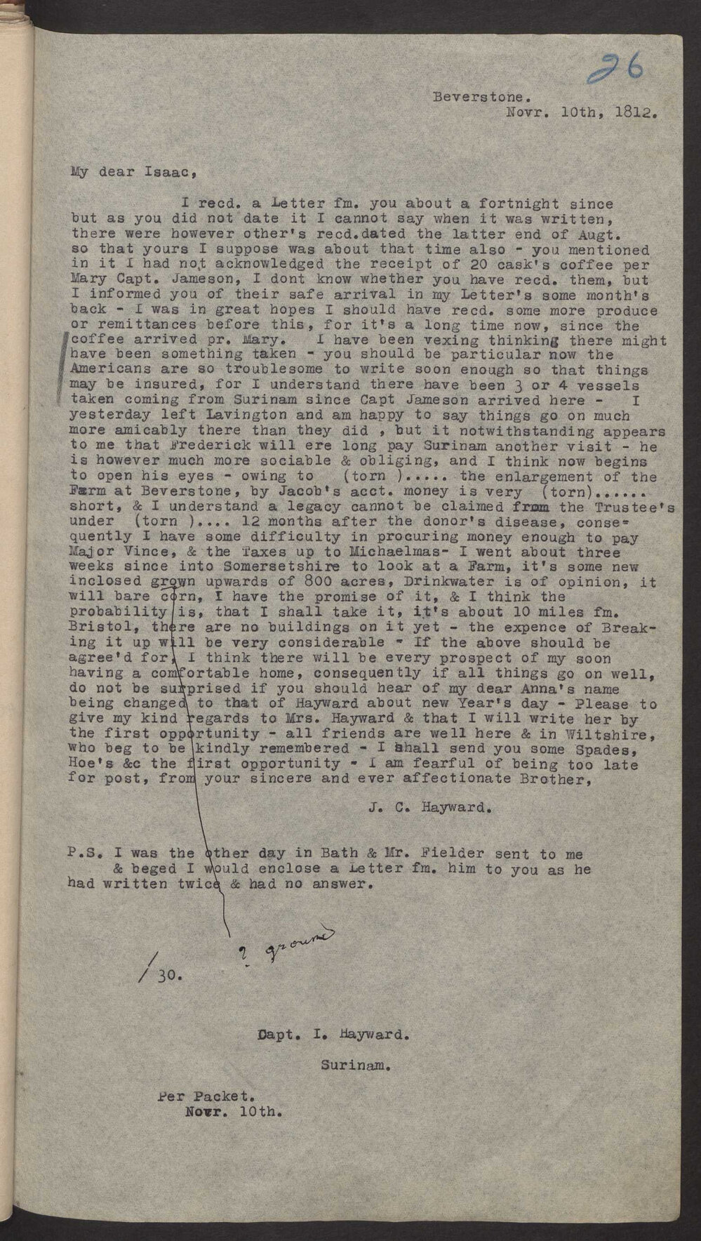 Transcript of letter J C Hayward, England to Isaac Hayward, Surinam, 10 November 1812