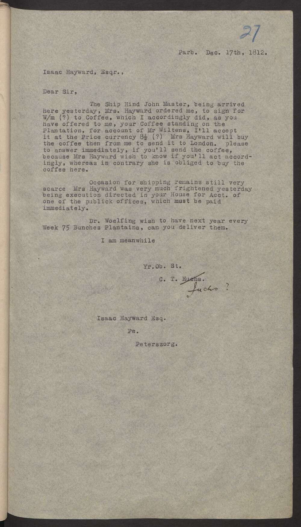 Transcript of letter C T Fuchs to Isaac Hayward, Surinam
