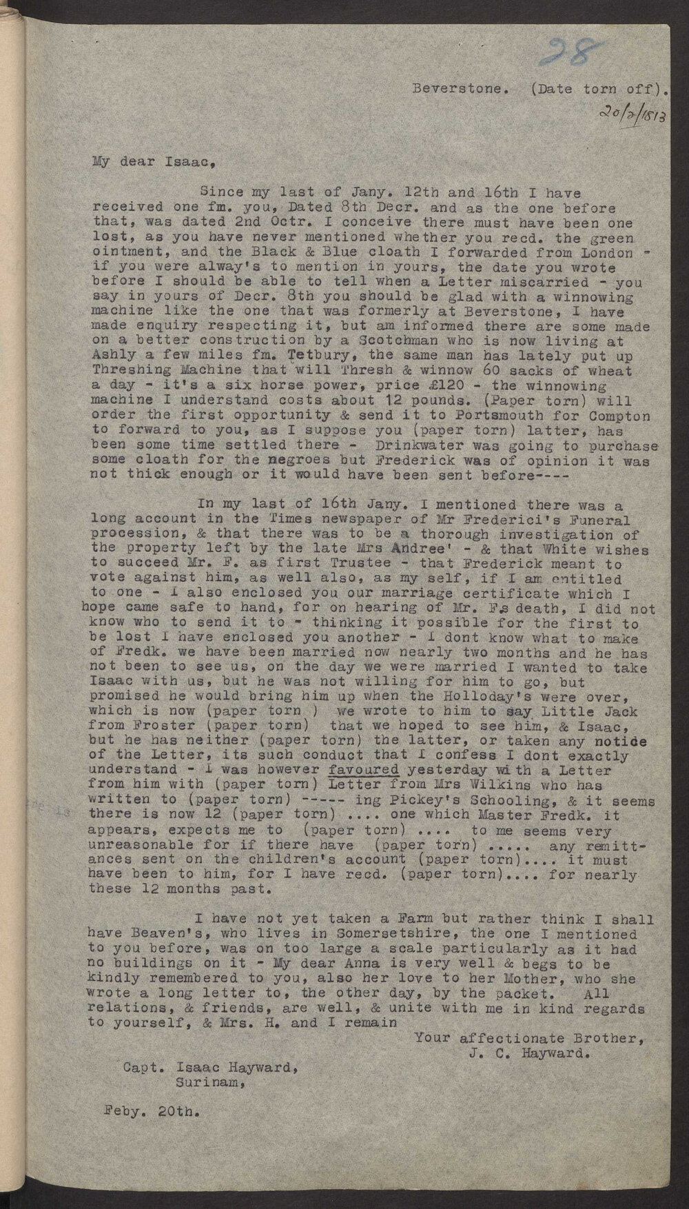 Transcript of letter J C Hayward, England to Isaac Hayward, Surinam, 20 ...