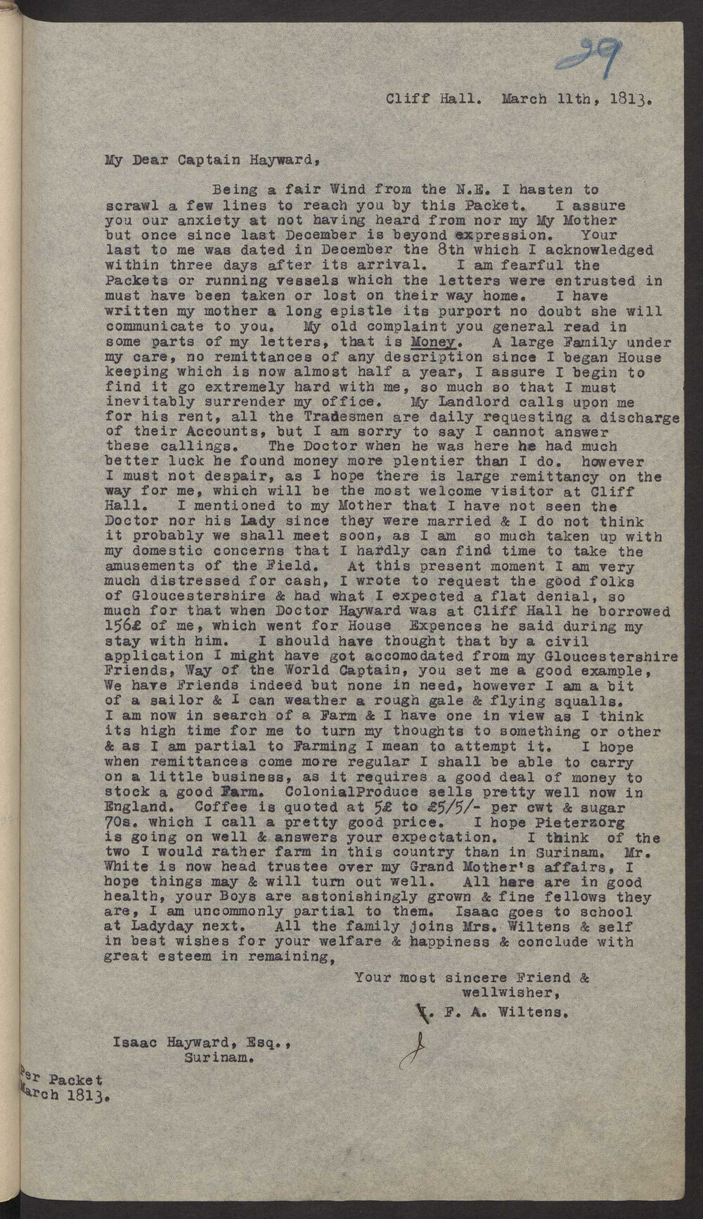 Transcript of letter J F A  Wiltens to Isaac Hayward, Surinam