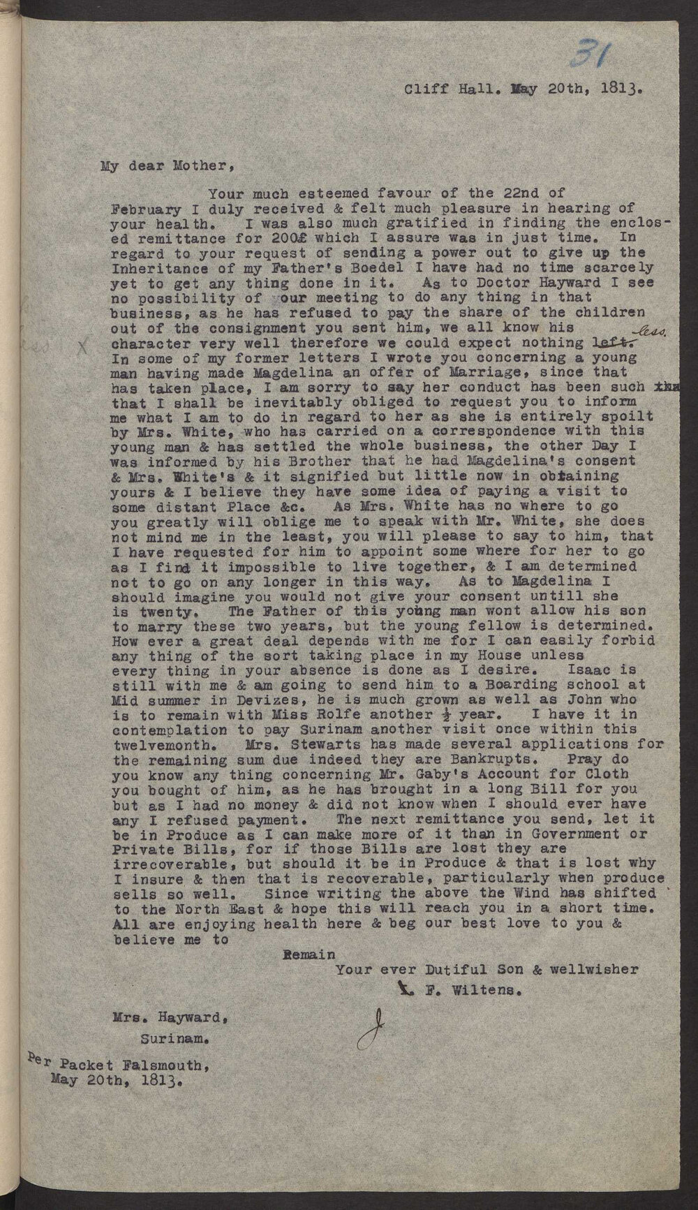Transcript of letter J F A  Wiltens to Mrs  Isaac Hayward, Surinam