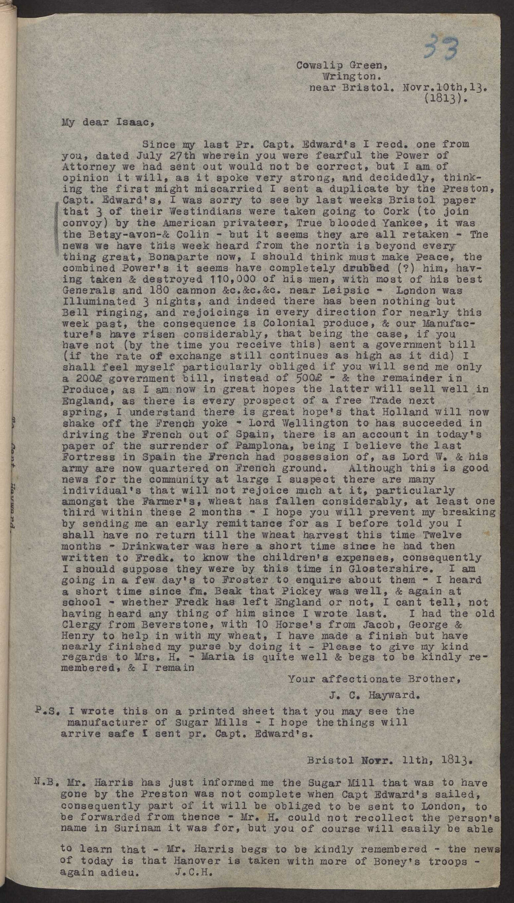 Transcript of letter J C Hayward, England to Isaac Hayward, Surinam, 10 November 1813