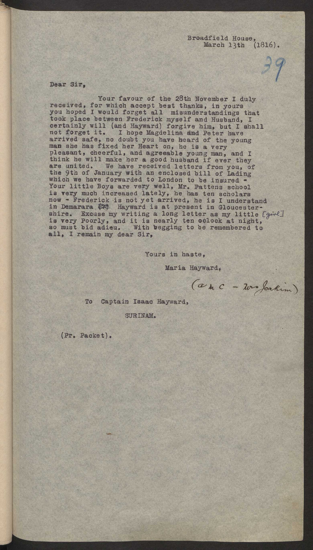 Transcript of letter Maria Hayward (Mrs J C H), England to Isaac Hayward, Surinam