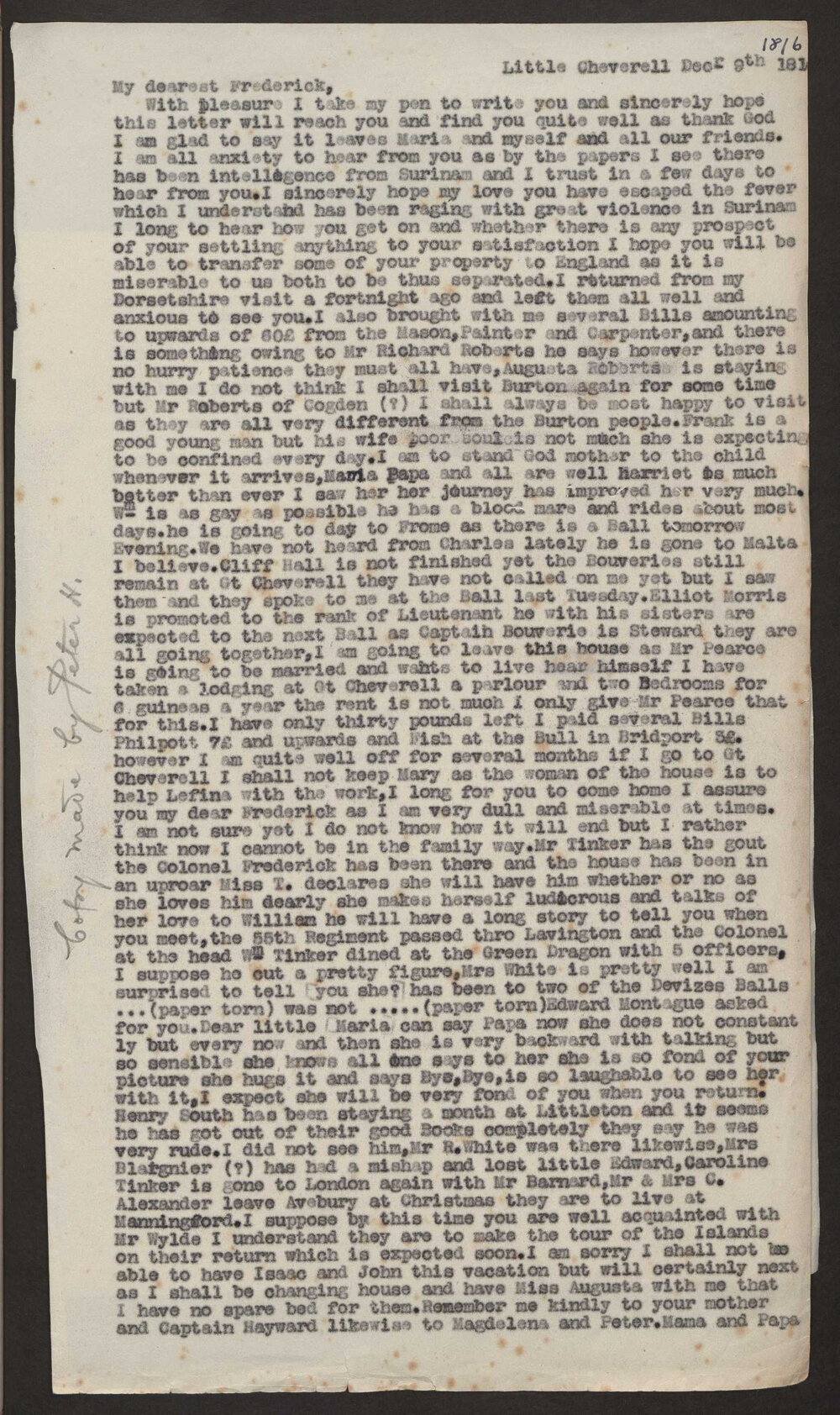 Transcript of letter Martha A Wiltens, England to Mr JF Wiltens, Barbados, 9 December 1816