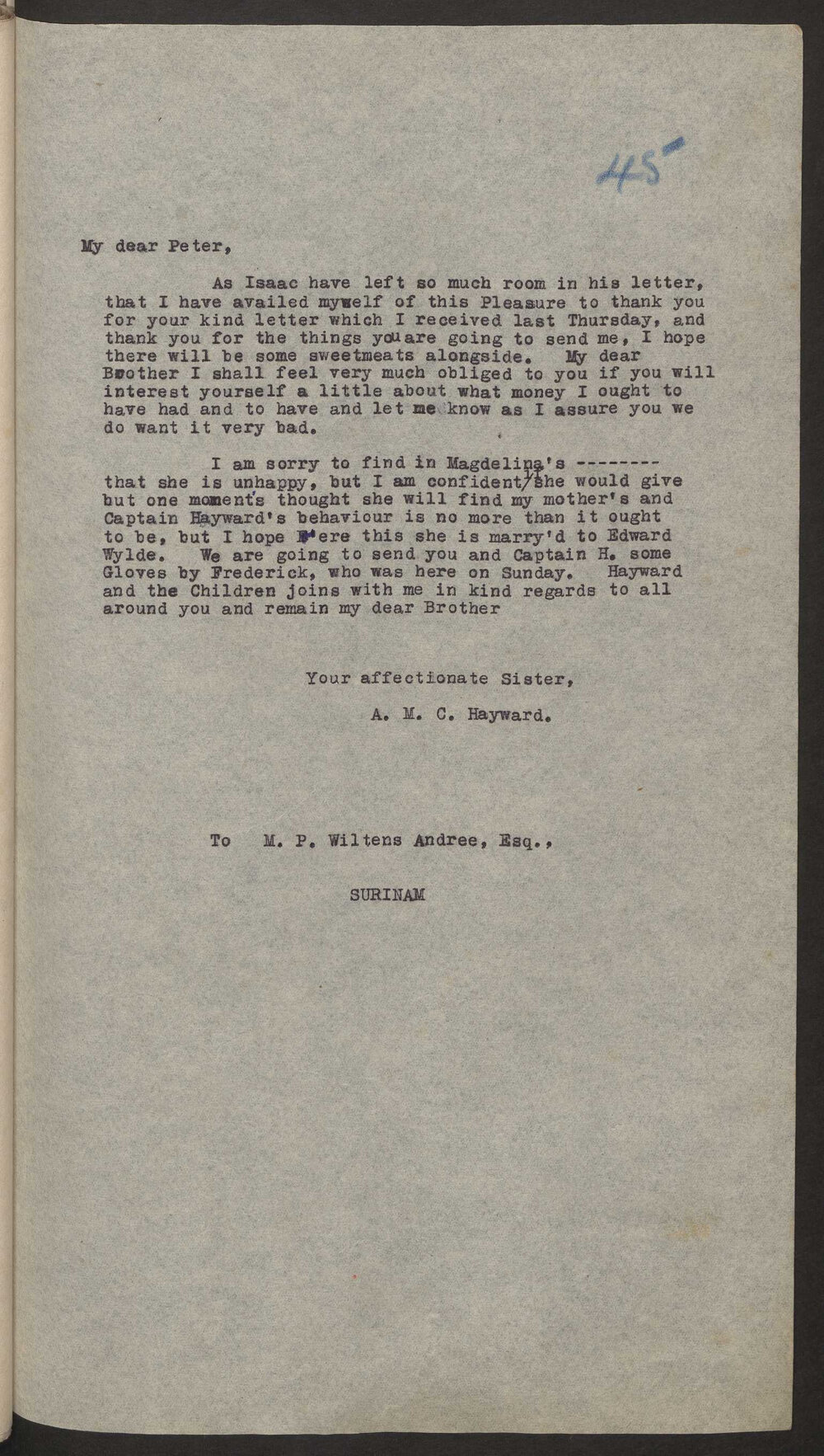 Transcript of letter A M C Hayward, England  to M P W A, Surinam
