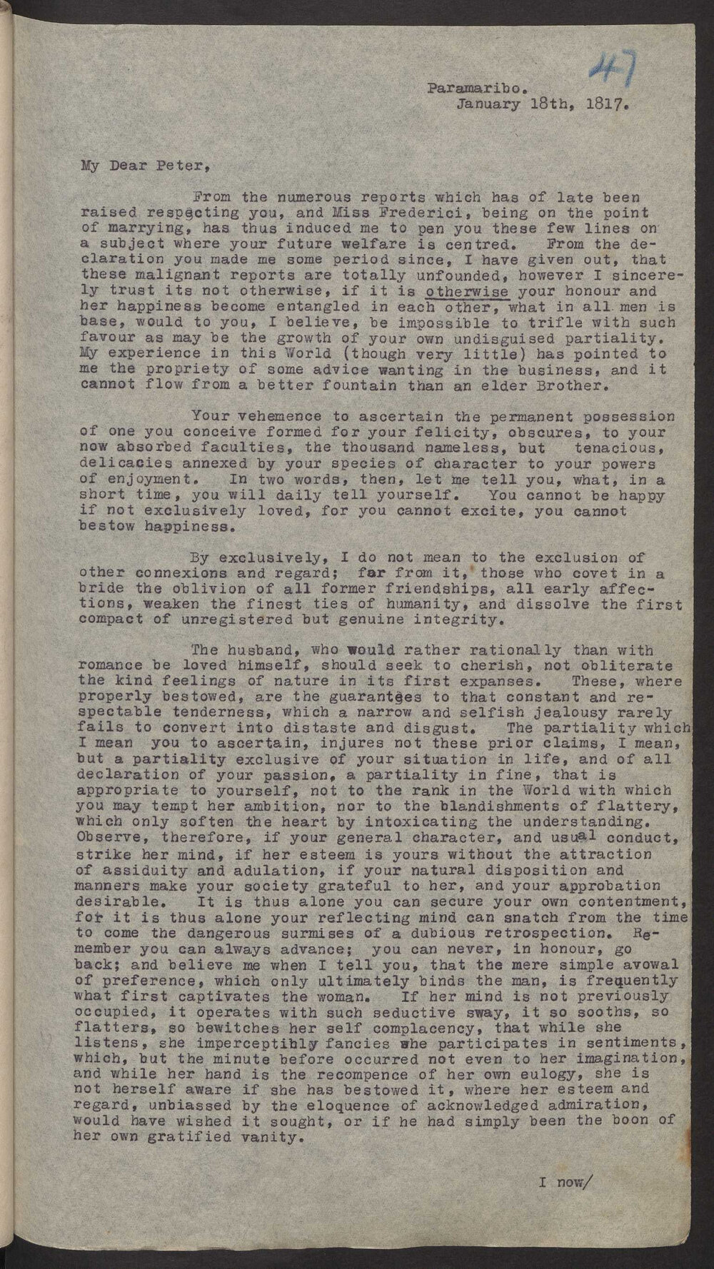 Transcript of letter J F A Wiltens to M P  Wiltens, Surinam