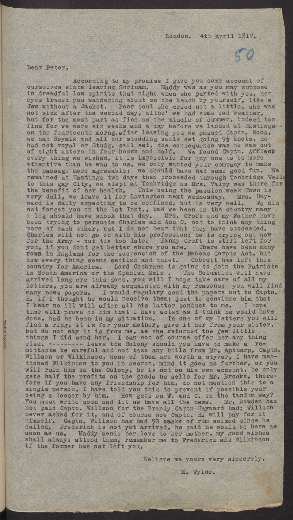 Transcript of letter E Wylde, England to Peter M P Wiltens Andree, Surinam