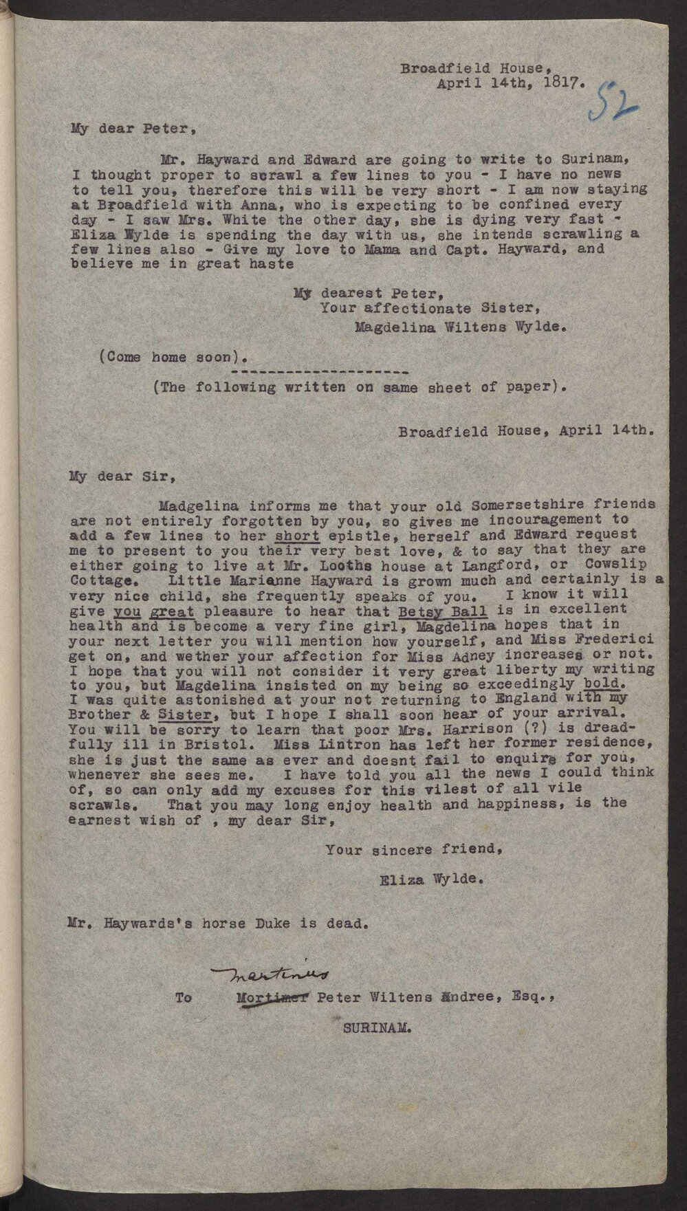 Transcript of letter Magdelina Wylde to M P W A, Surinam (With an addition by Eliza Wylde)