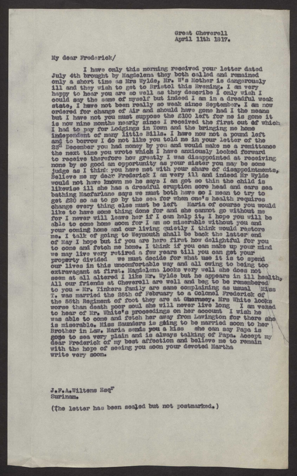 Transcript of letter Martha A Wiltens, England to Mr JF Wiltens, Barbados, 11 April 1817