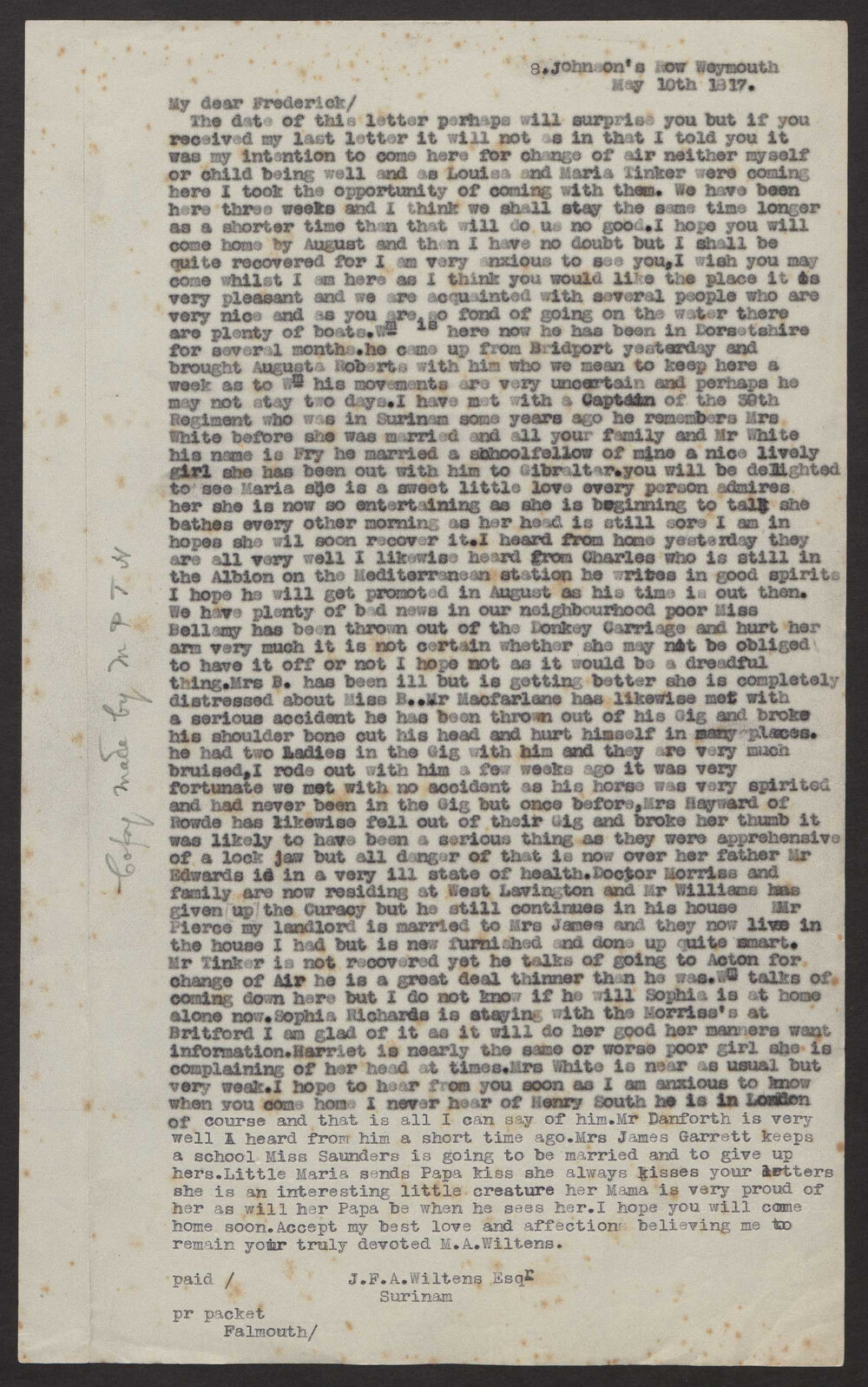 Transcript of letter from Martha A Wiltens (nee Richards), England, to Mr JFA Wiltens, Surinam.