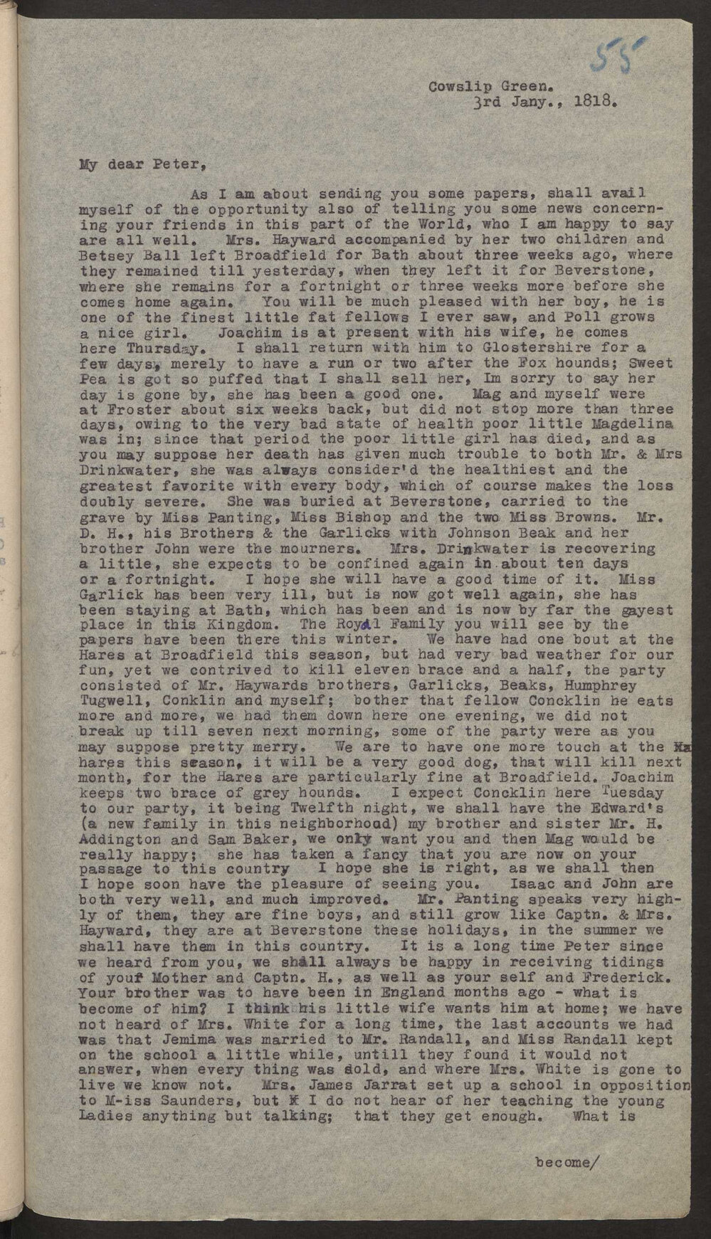 Transcript of letter E Wylde, England to M P W A, Surinam, 3 January 1818