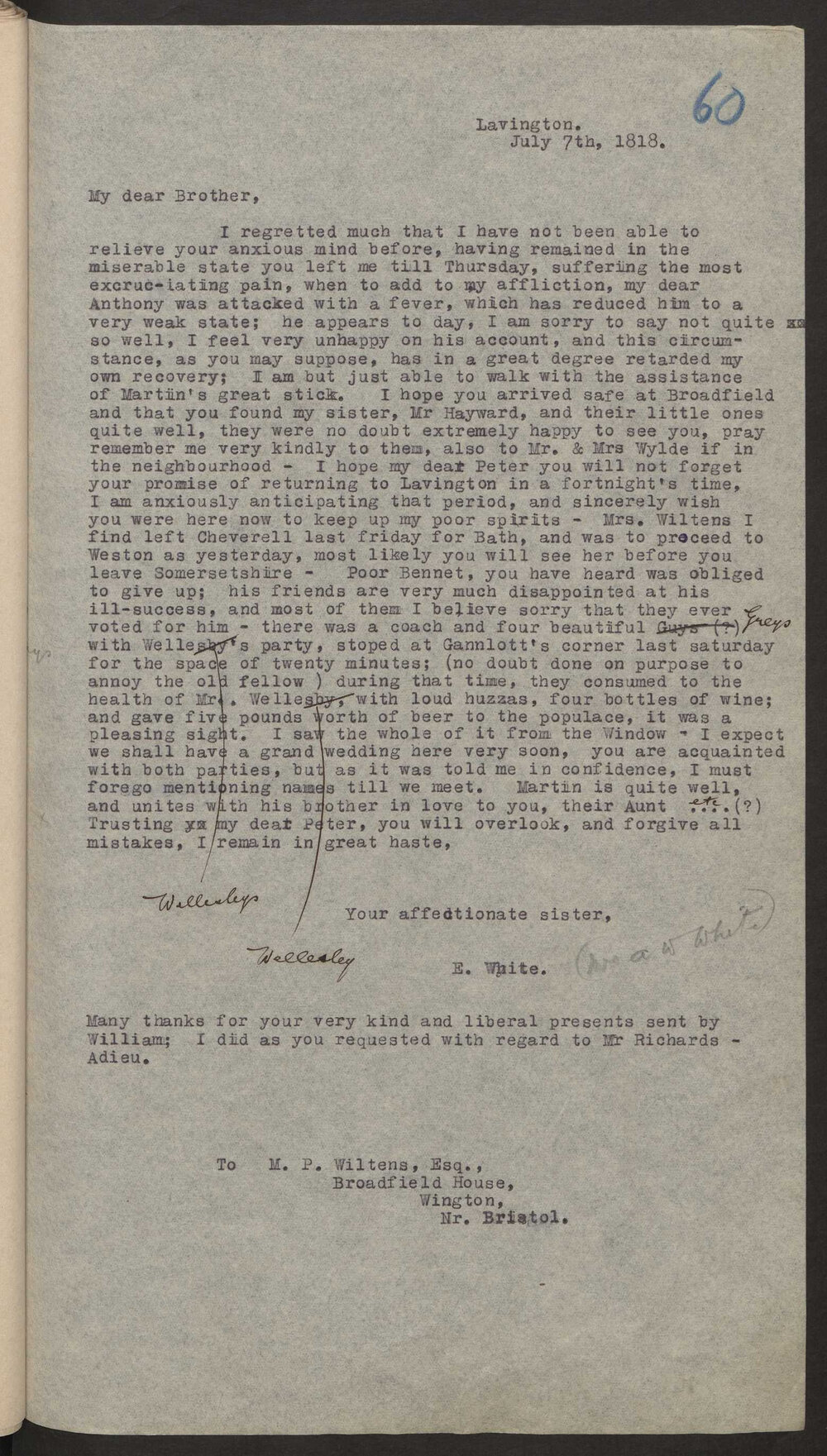 Transcript of letter Mrs E White, England to her brother M P W A, England