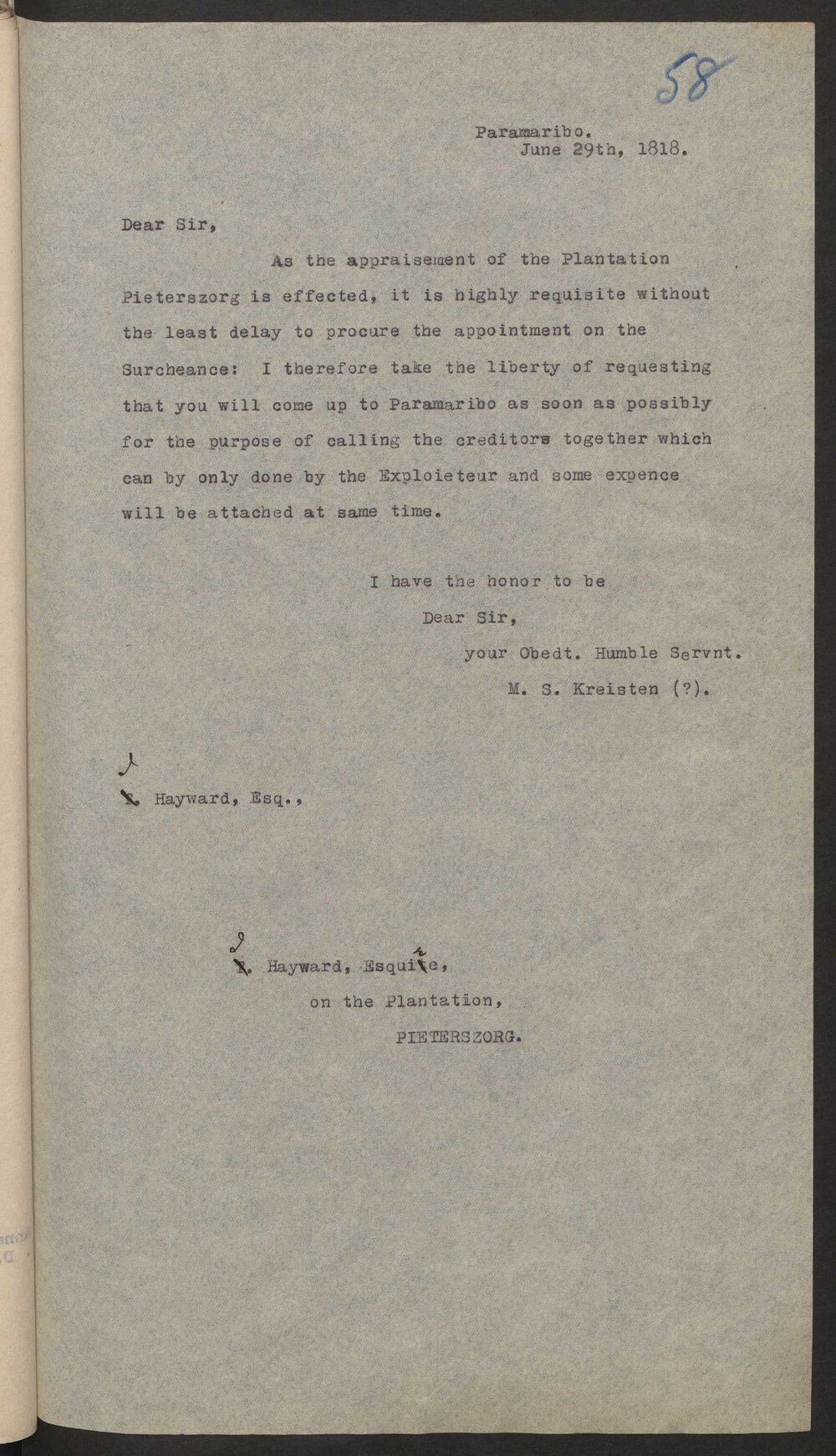Transcript of letter M S Kreisten, Paramaribo to I Hayward,  Pieterszorg, Surinam
