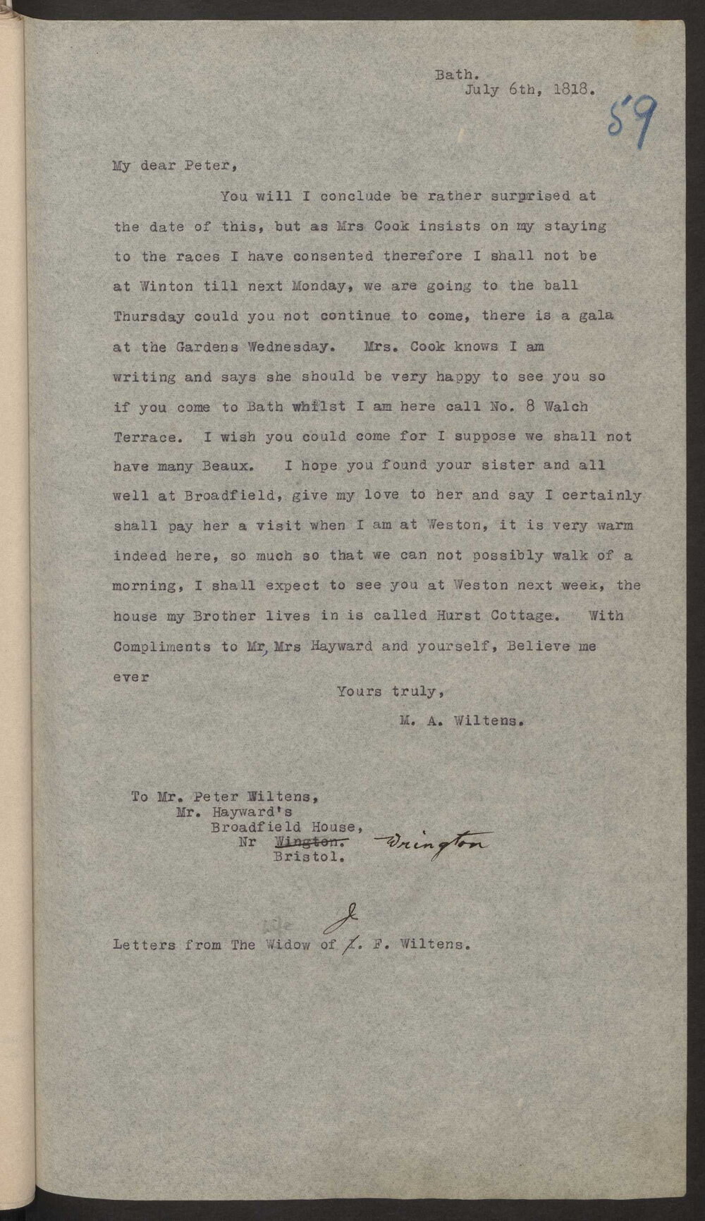 Transcript of letter (Mrs) M A Wiltens, Bath to M P W A, England
