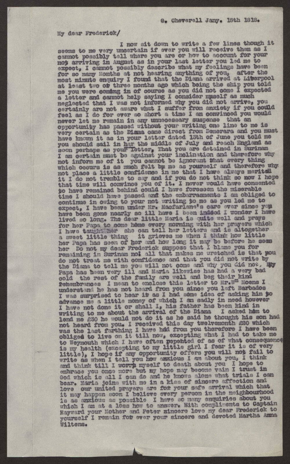 Transcript of letter Martha A Wiltens (Mrs John Frederick), England to J Frederick Wiltens, Surinam, 15 January 1818