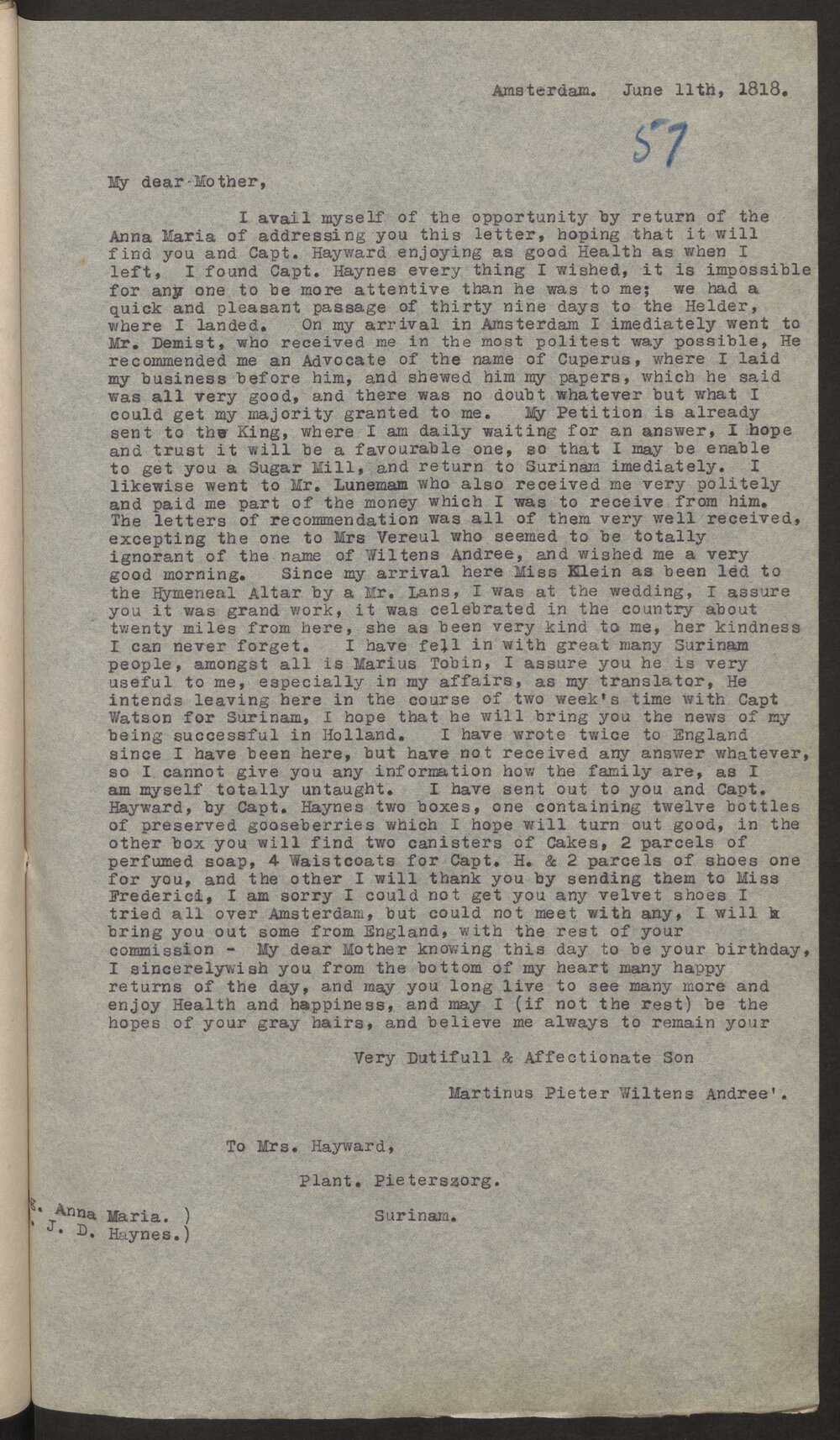 Transcript of letter M P W A, Amsterdam to Mrs Isaac Hayward, Surinam