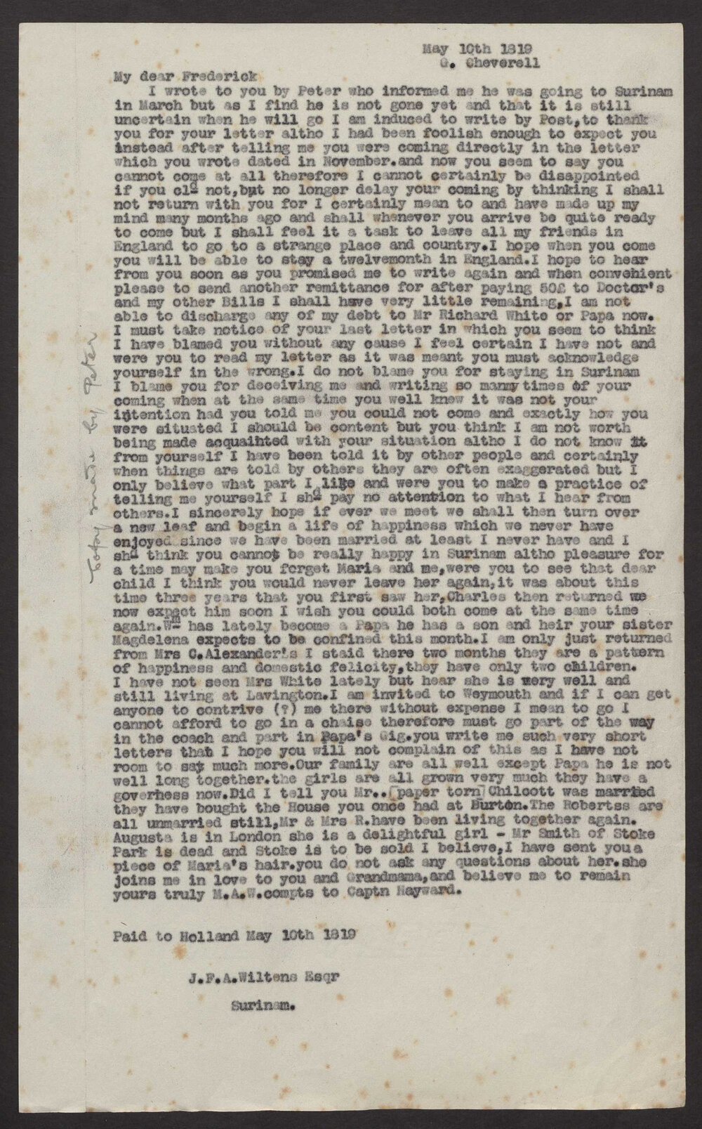 Transcript of letter Martha A Wiltens, England to her husband J Frederick Wiltens Andree, Surinam, 10 May 1819