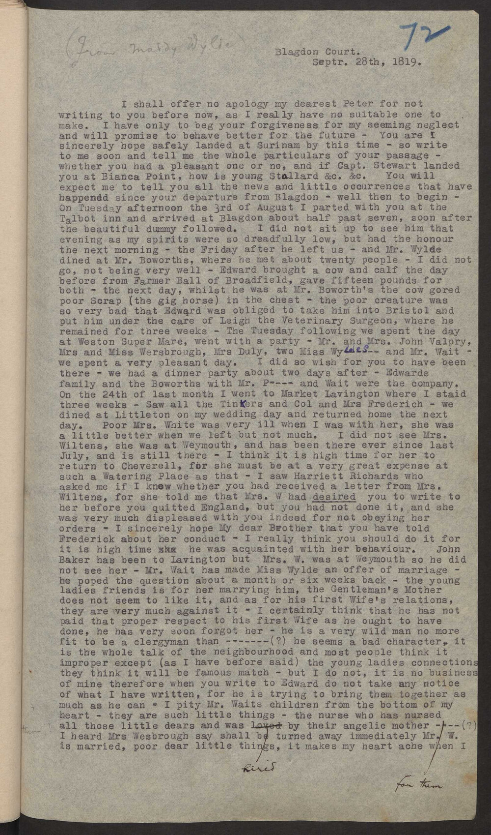 Transcript of letter Unfinished from Maddy Wylde, England to M P Wiltens Andree, Surinam