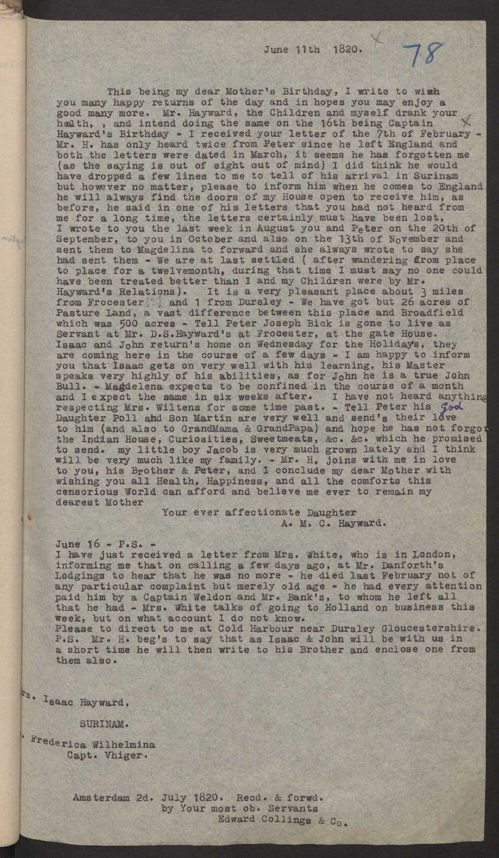 Transcript of letter A M C Hayward to Mrs Isaac Hayward, Surinam