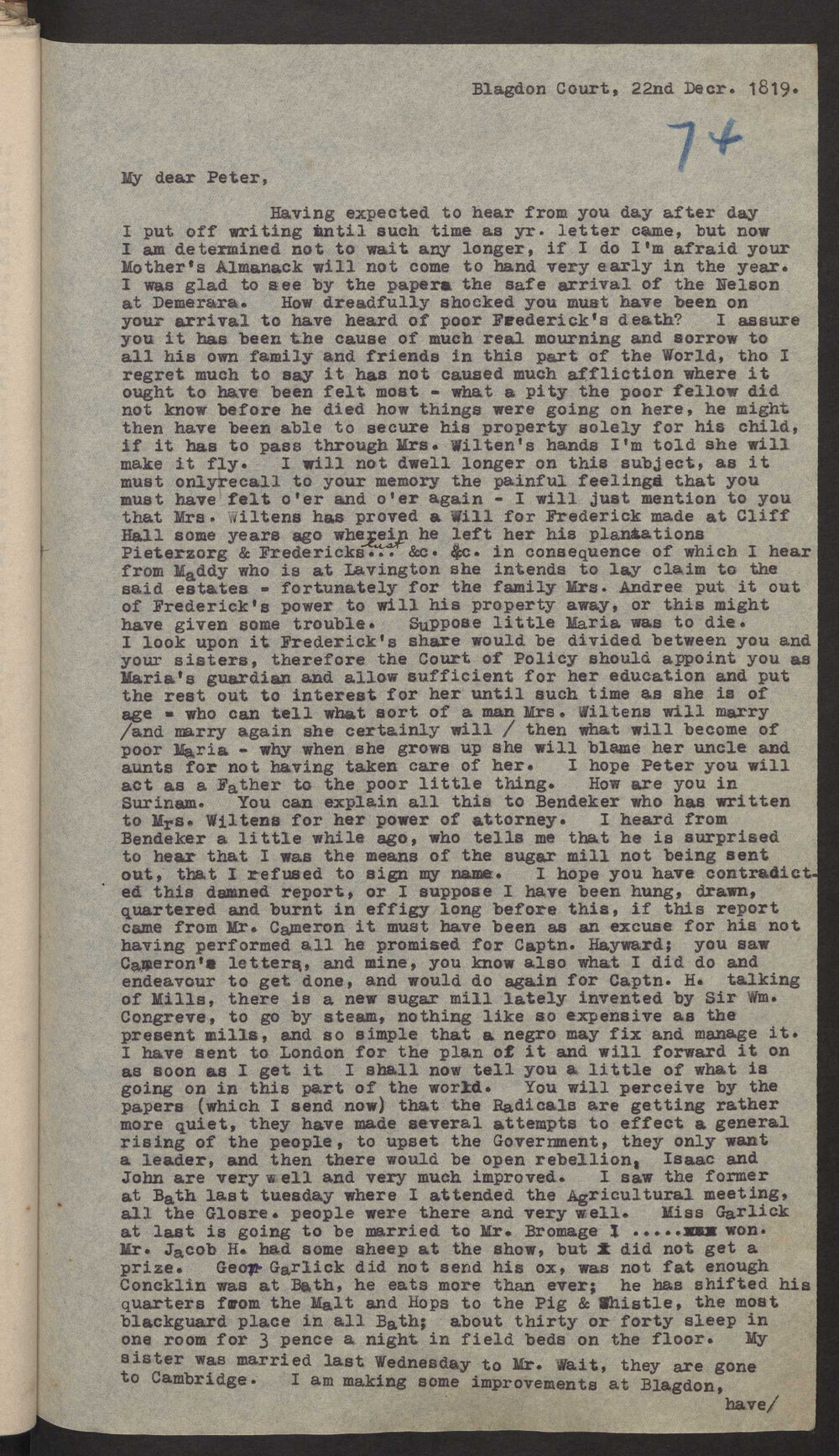 Transcript of letter E Wylde to M P W A, Surinam, 22 December 1819