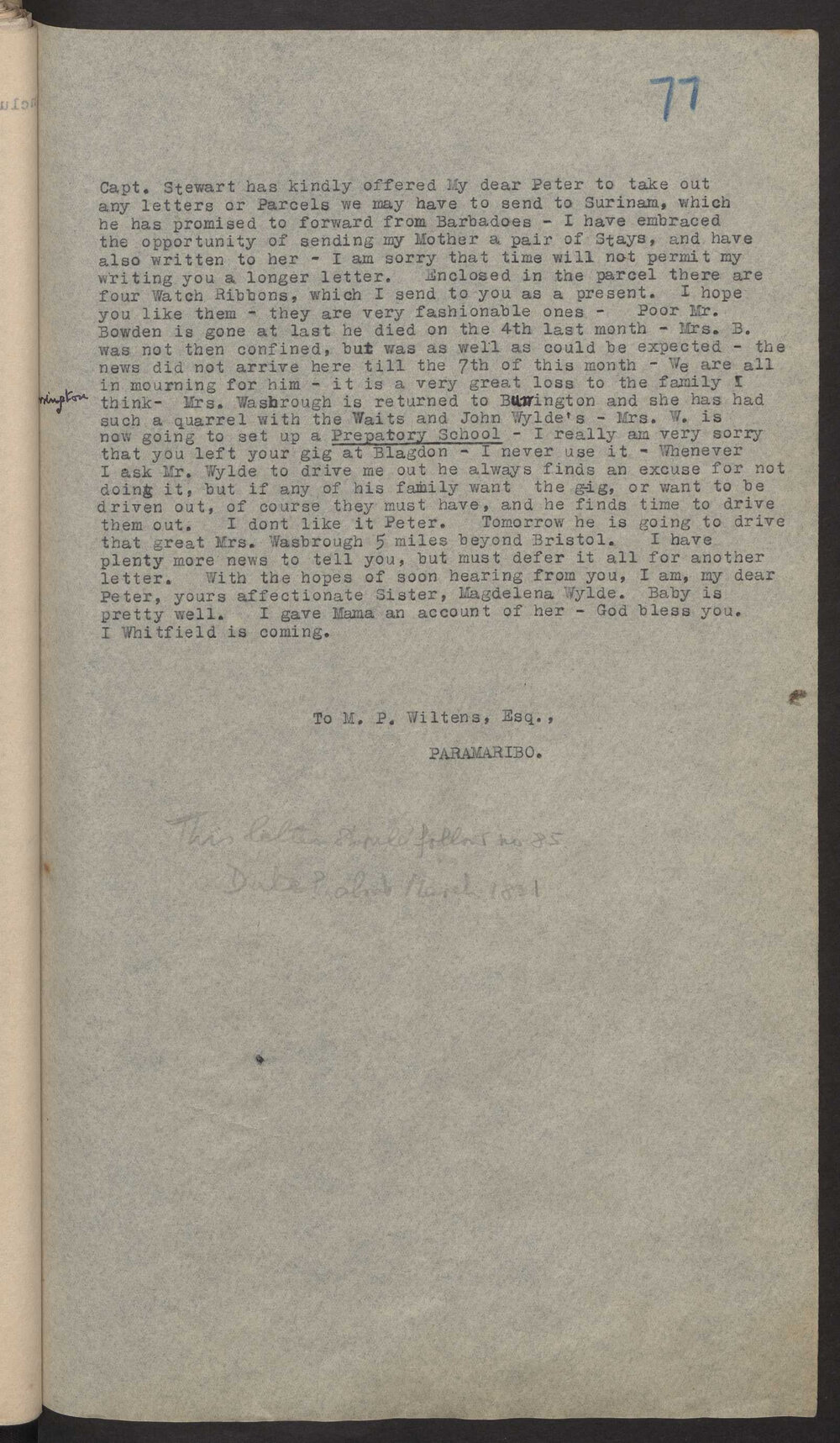 Transcript of letter Mrs E Wylde to M P W A, Surinam