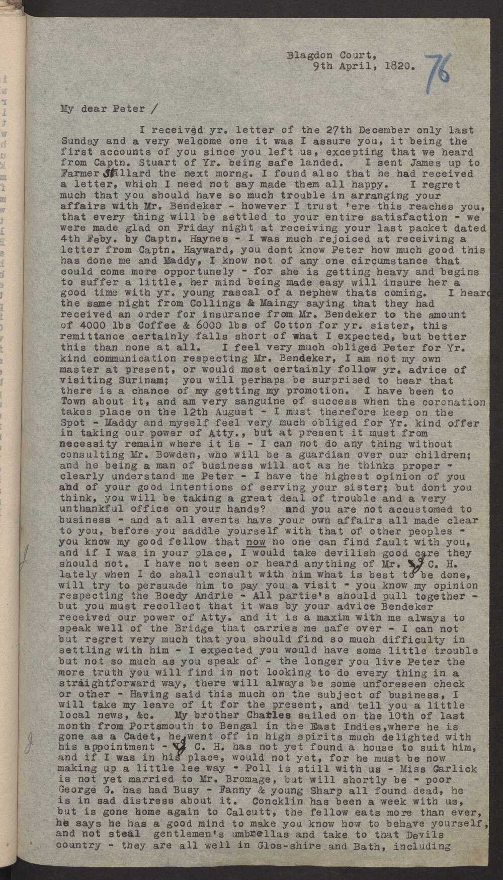 Transcript of letter E Wylde to M P W A, Surinam, 9 April 1820