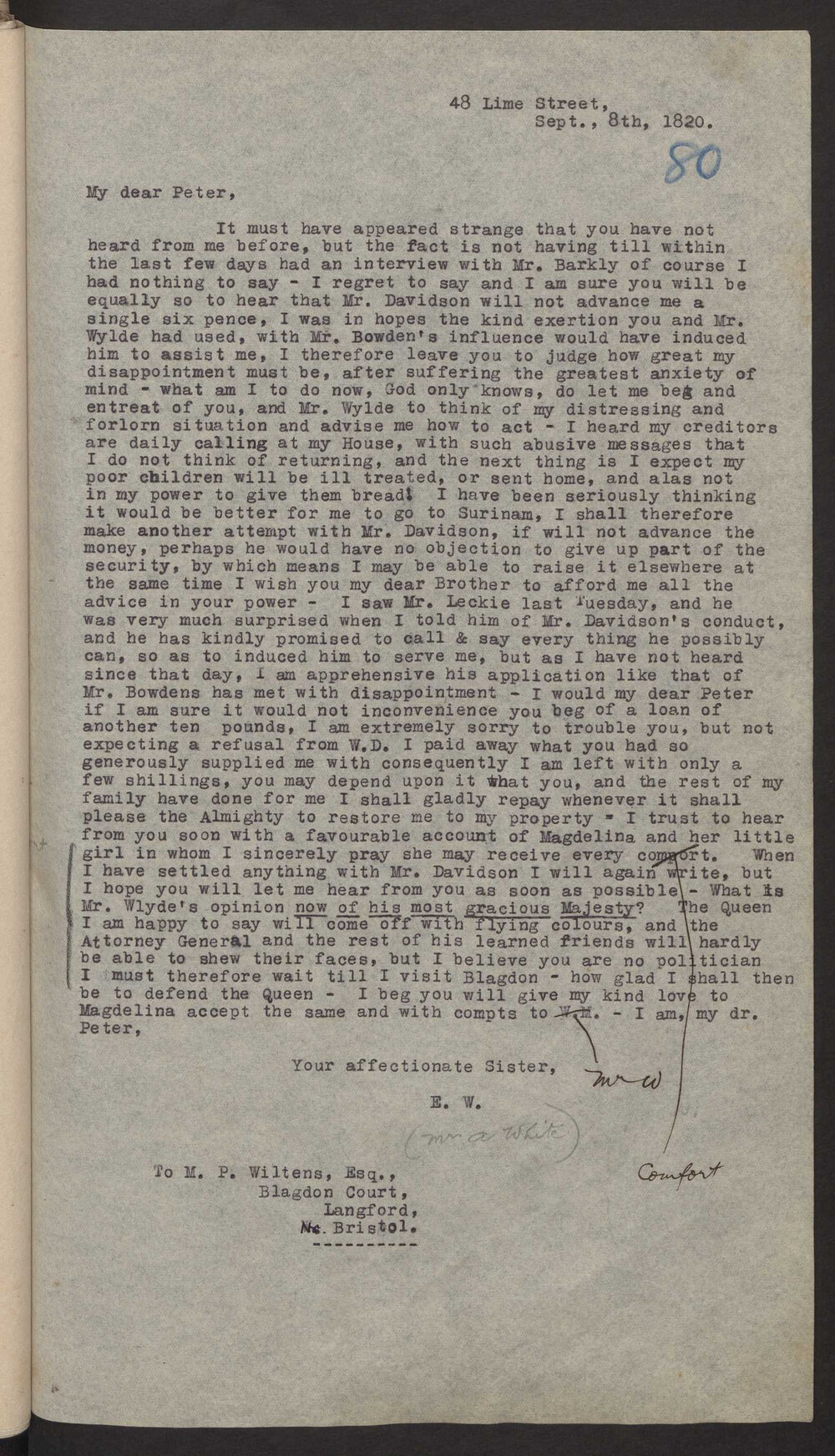 Transcript of letter (Mrs) E White to M P Wiltens Andree