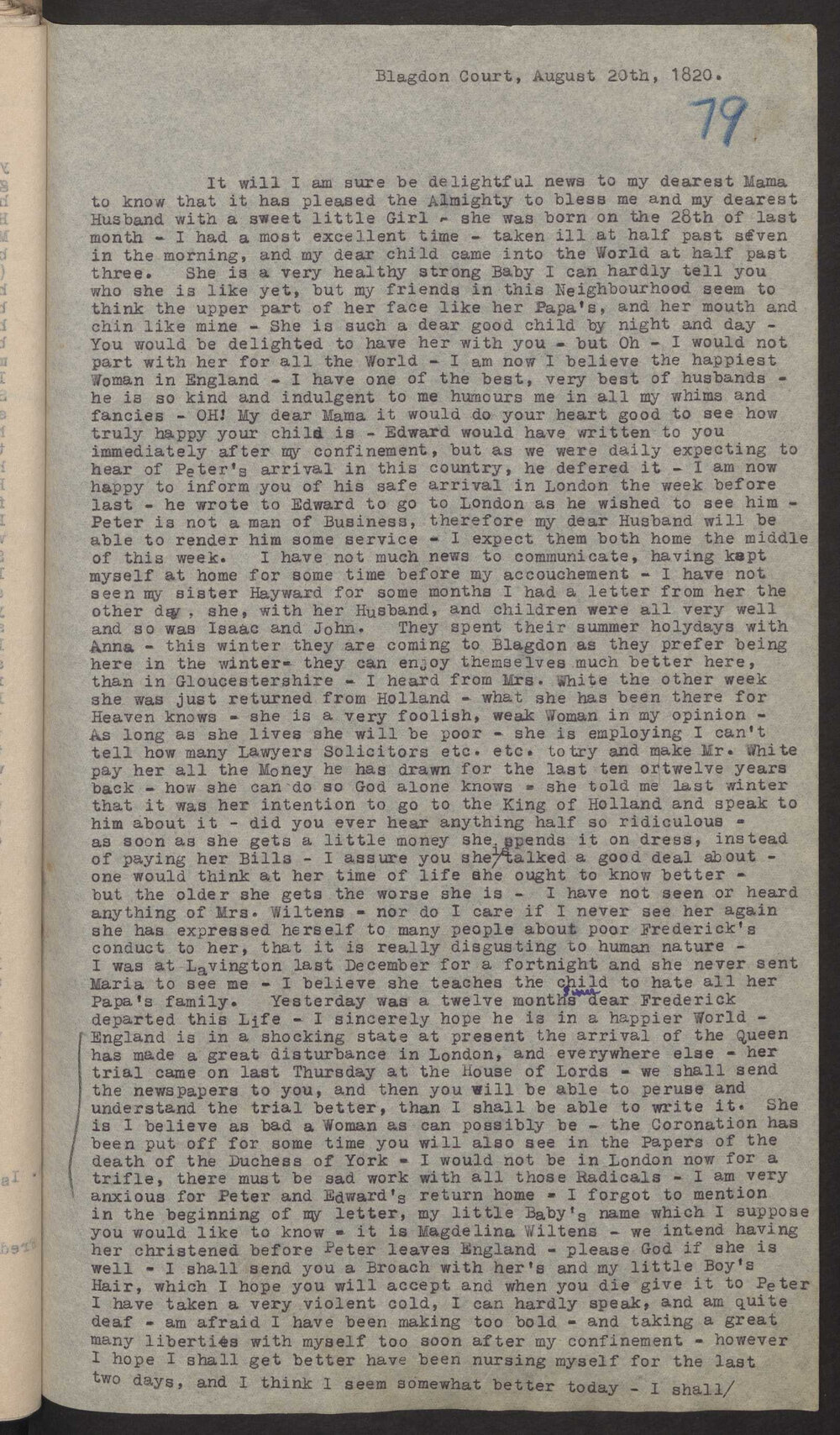 Transcript of letter Magdelina Wylde, England to Mrs Isaac Hayward, Surinam